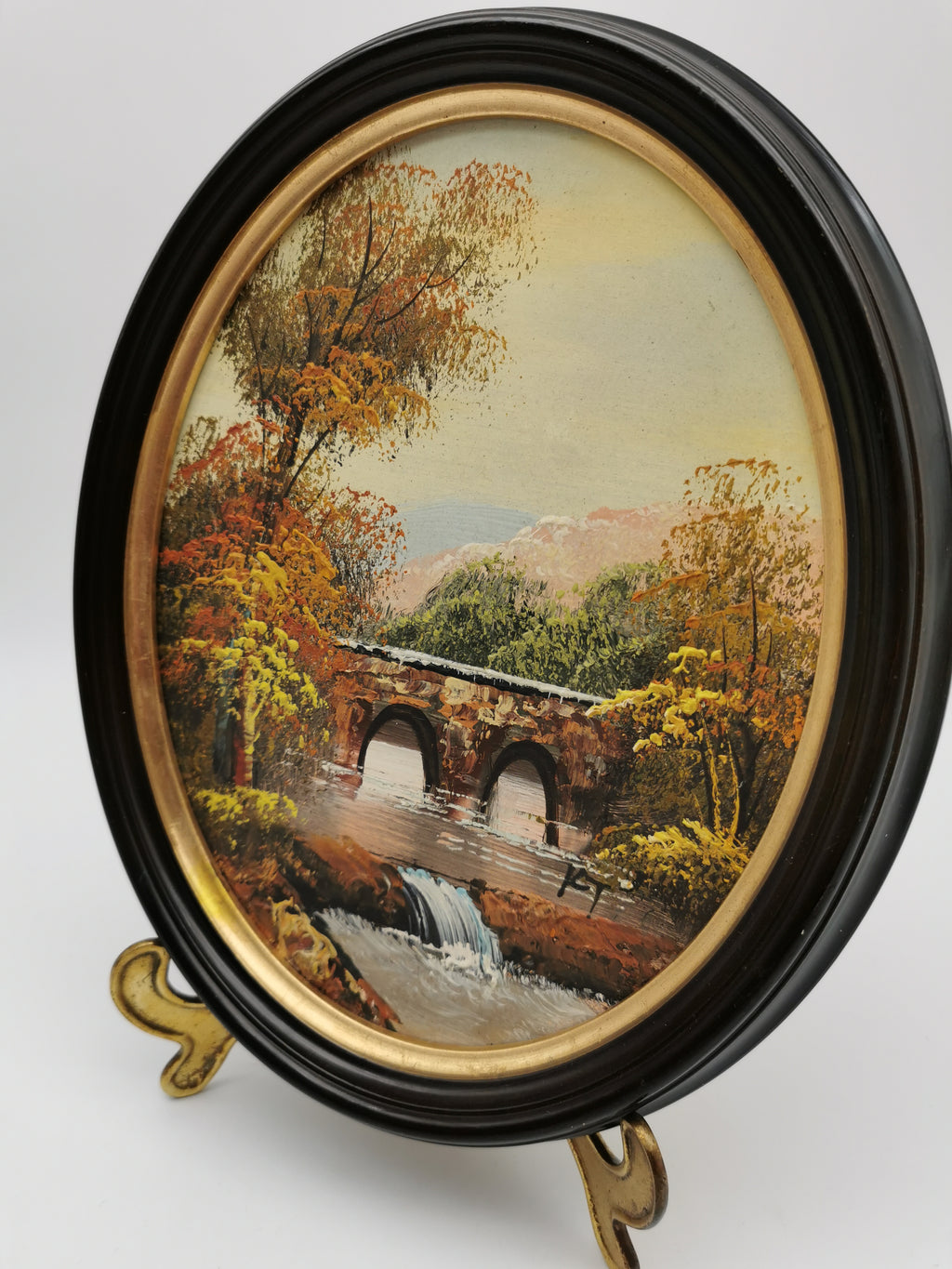 Vintage Oval Landscape Oil Painting – Framed Autumn Stone Bridge Waterfall, Signed KT, 29cm x 24cm