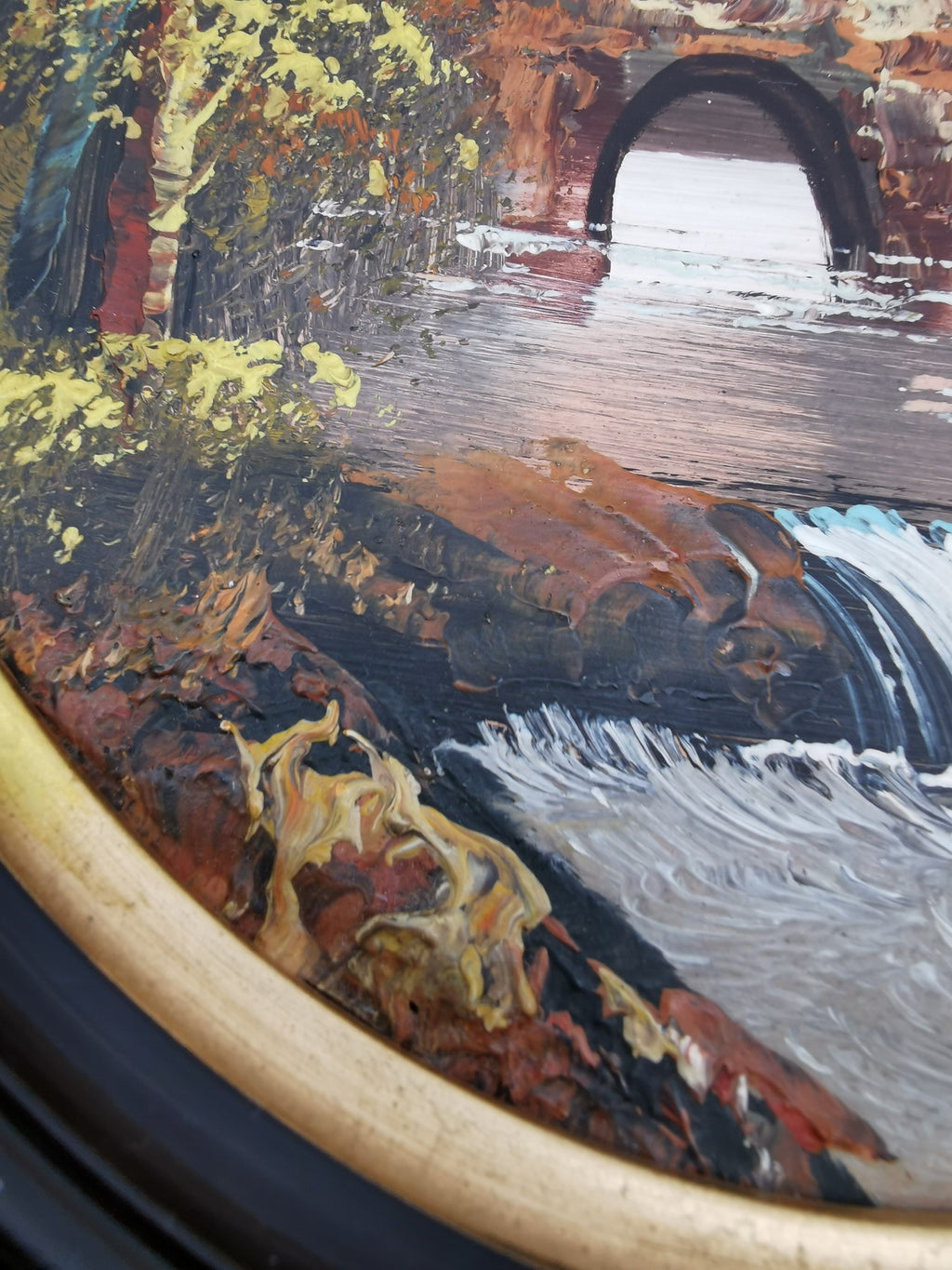 Vintage Oval Landscape Oil Painting – Framed Autumn Stone Bridge Waterfall, Signed KT, 29cm x 24cm