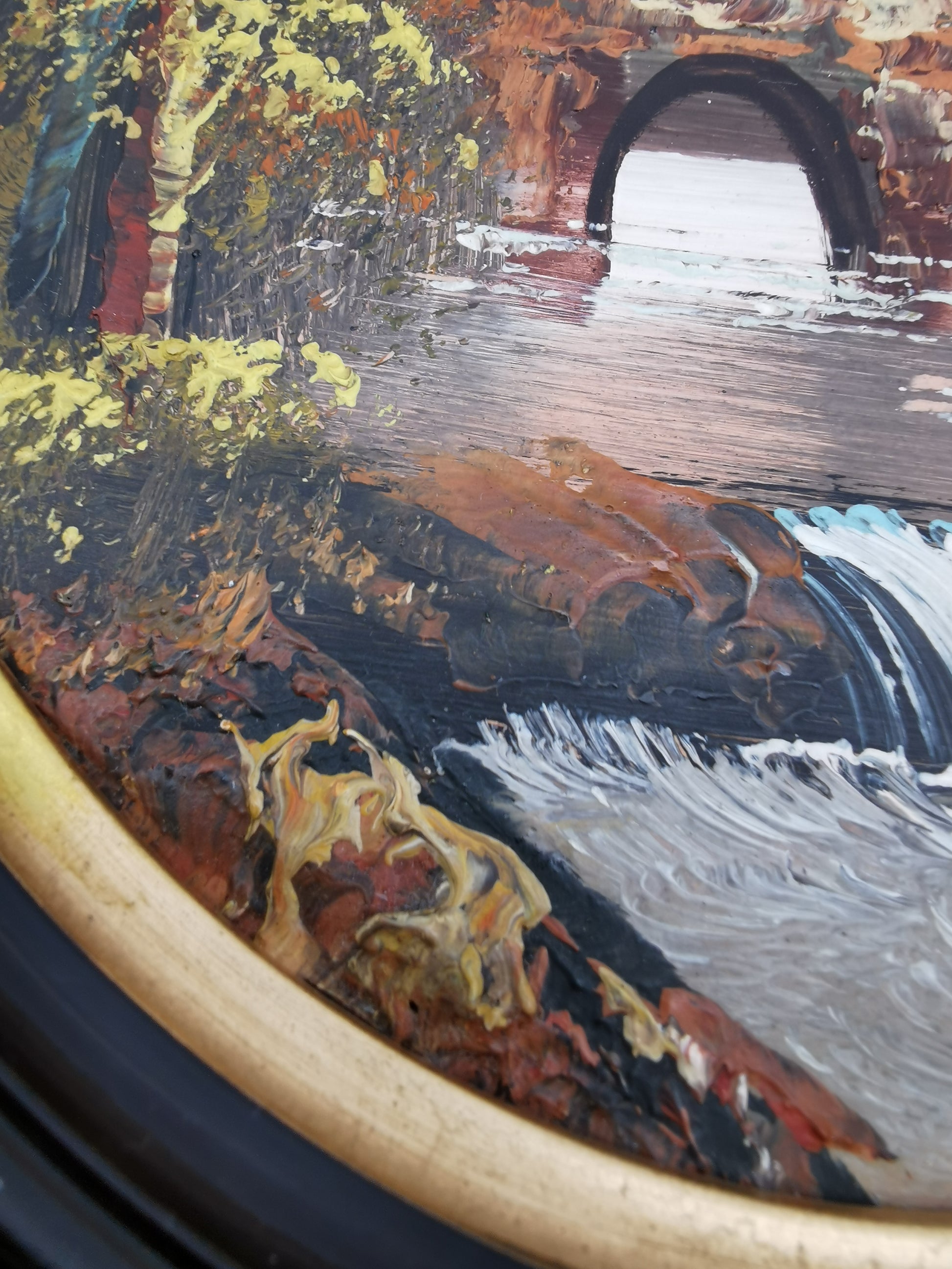 Vintage Oval Landscape Oil Painting – Framed Autumn Stone Bridge Waterfall, Signed KT, 29cm x 24cm