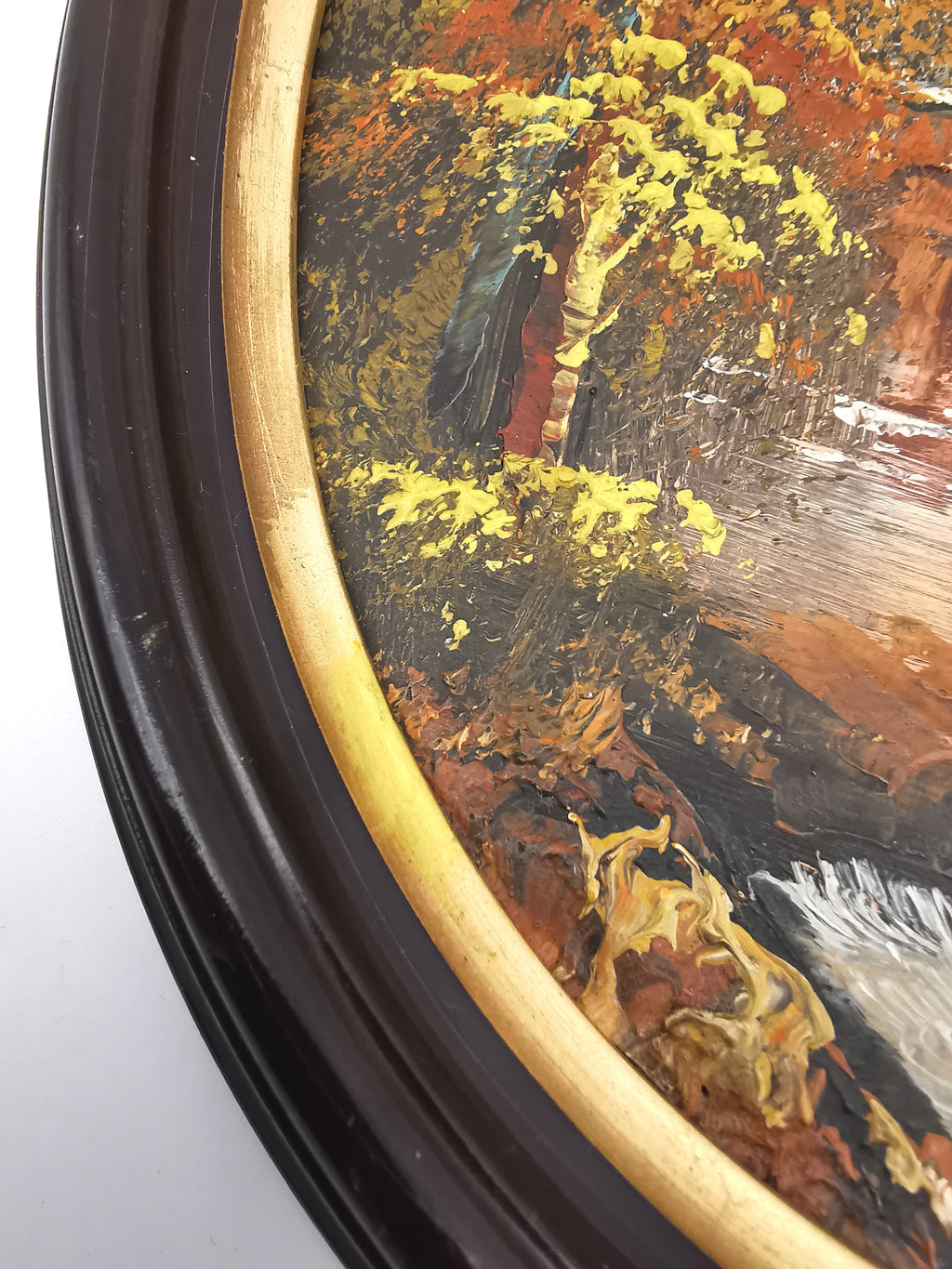 Vintage Oval Landscape Oil Painting – Framed Autumn Stone Bridge Waterfall, Signed KT, 29cm x 24cm