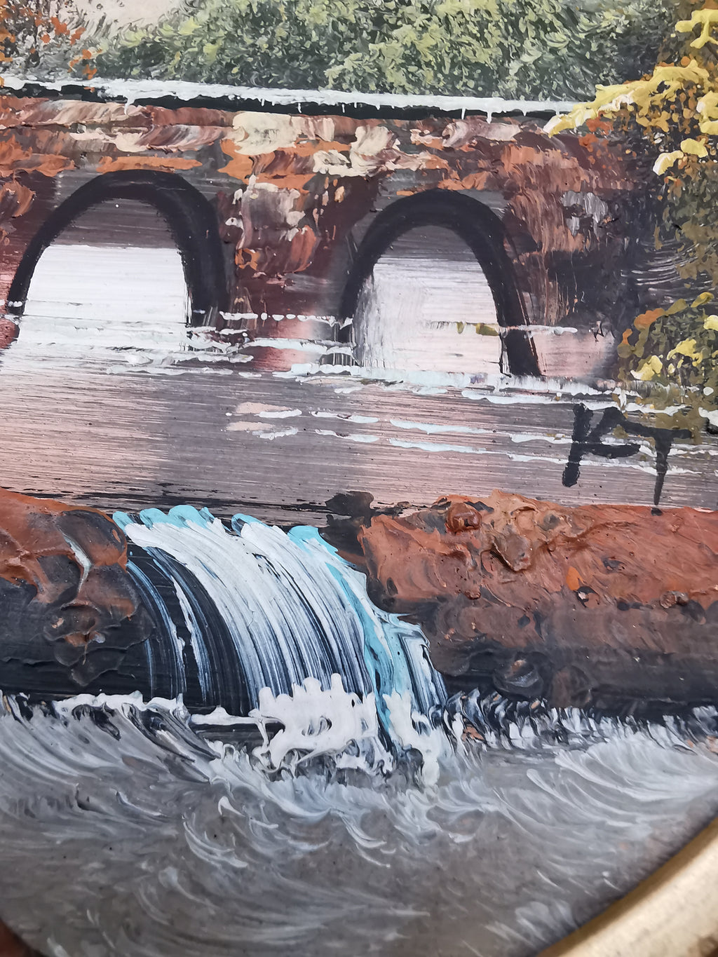 Vintage Oval Landscape Oil Painting – Framed Autumn Stone Bridge Waterfall, Signed KT, 29cm x 24cm