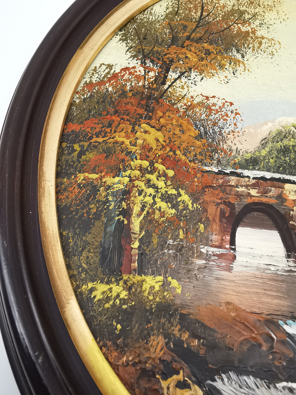 Vintage Oval Landscape Oil Painting – Framed Autumn Stone Bridge Waterfall, Signed KT, 29cm x 24cm