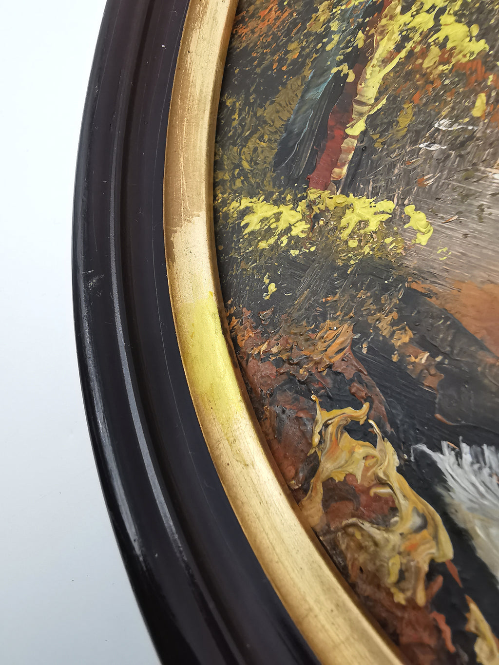 Vintage Oval Landscape Oil Painting – Framed Autumn Stone Bridge Waterfall, Signed KT, 29cm x 24cm