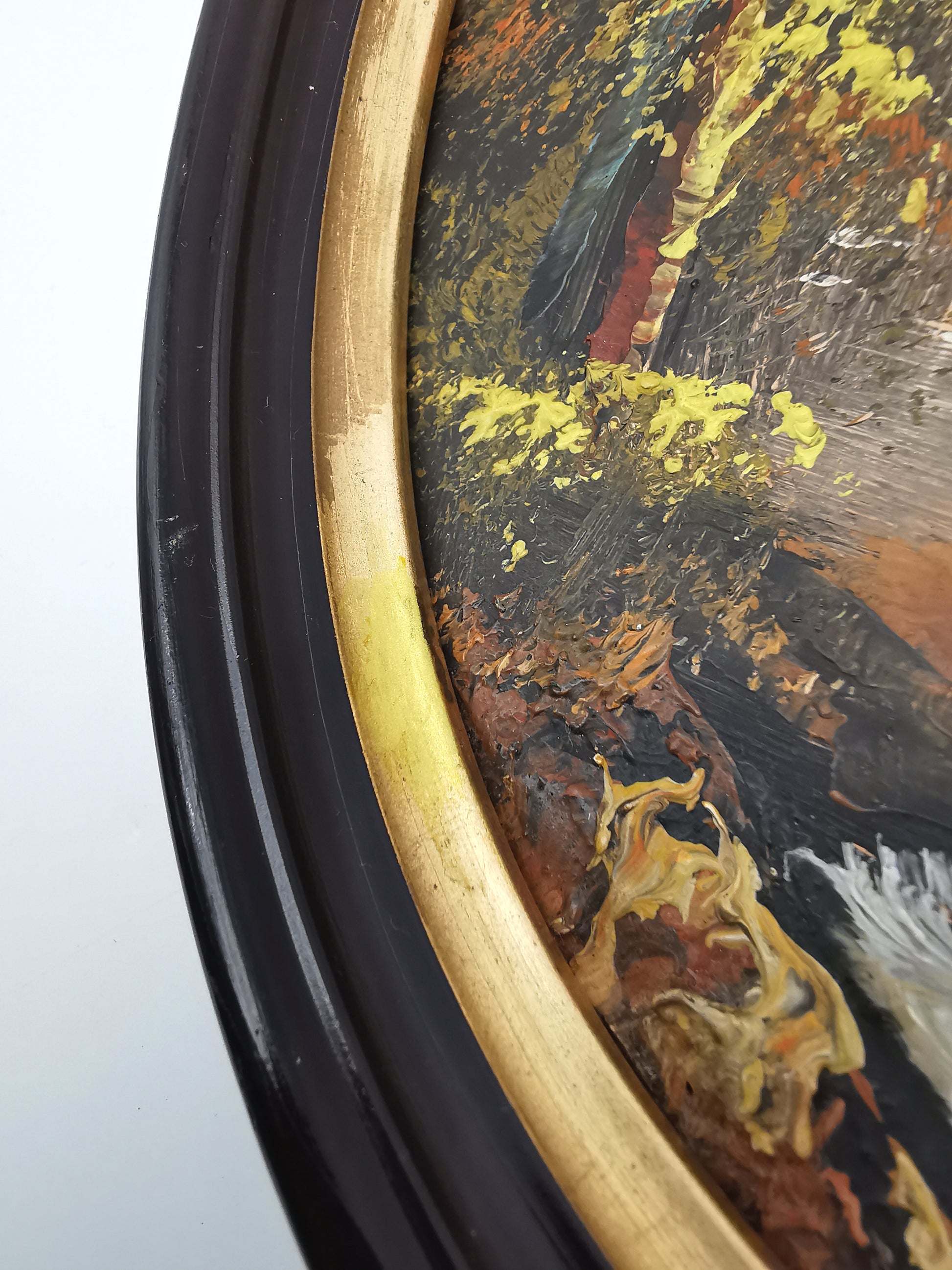Vintage Oval Landscape Oil Painting – Framed Autumn Stone Bridge Waterfall, Signed KT, 29cm x 24cm