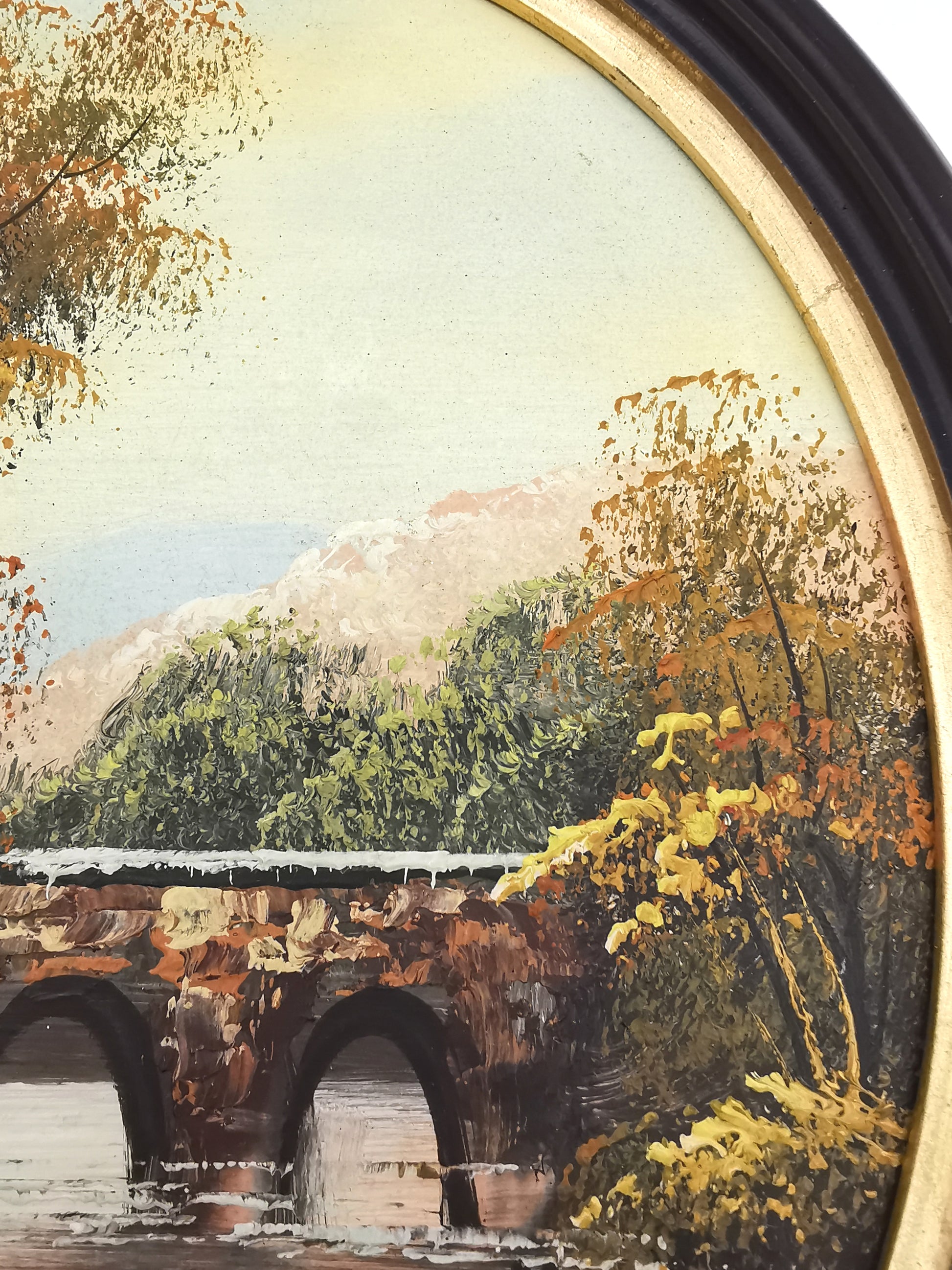 Vintage Oval Landscape Oil Painting – Framed Autumn Stone Bridge Waterfall, Signed KT, 29cm x 24cm