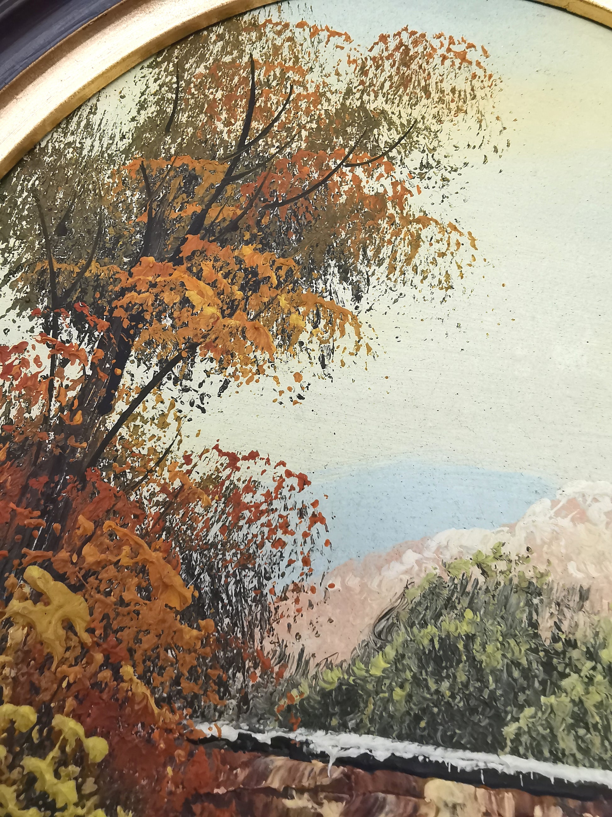 Vintage Oval Landscape Oil Painting – Framed Autumn Stone Bridge Waterfall, Signed KT, 29cm x 24cm