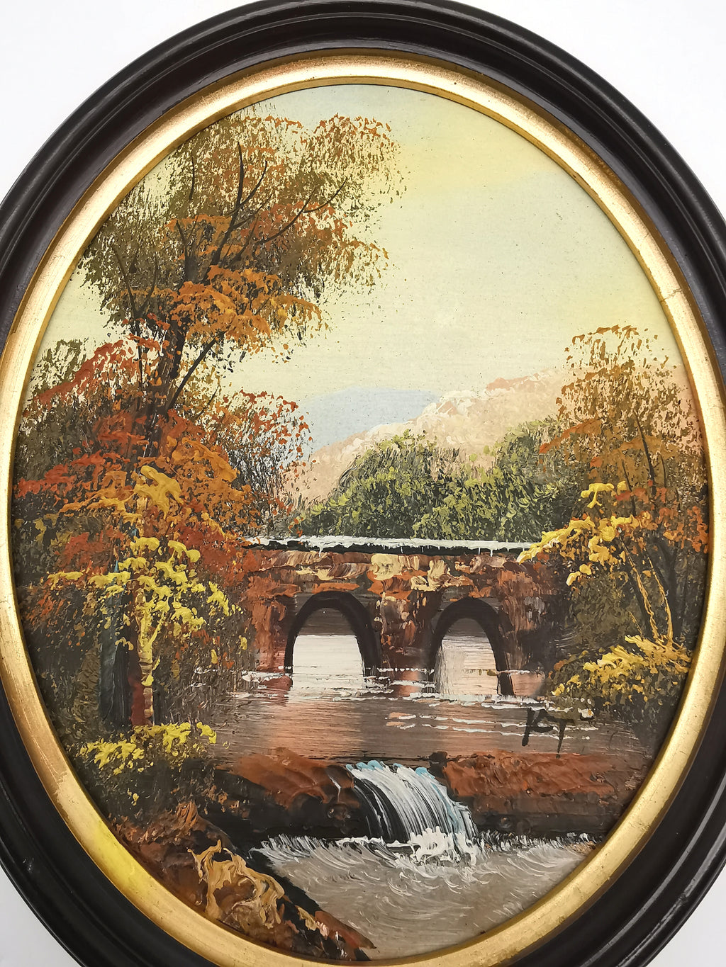 Vintage Oval Landscape Oil Painting – Framed Autumn Stone Bridge Waterfall, Signed KT, 29cm x 24cm