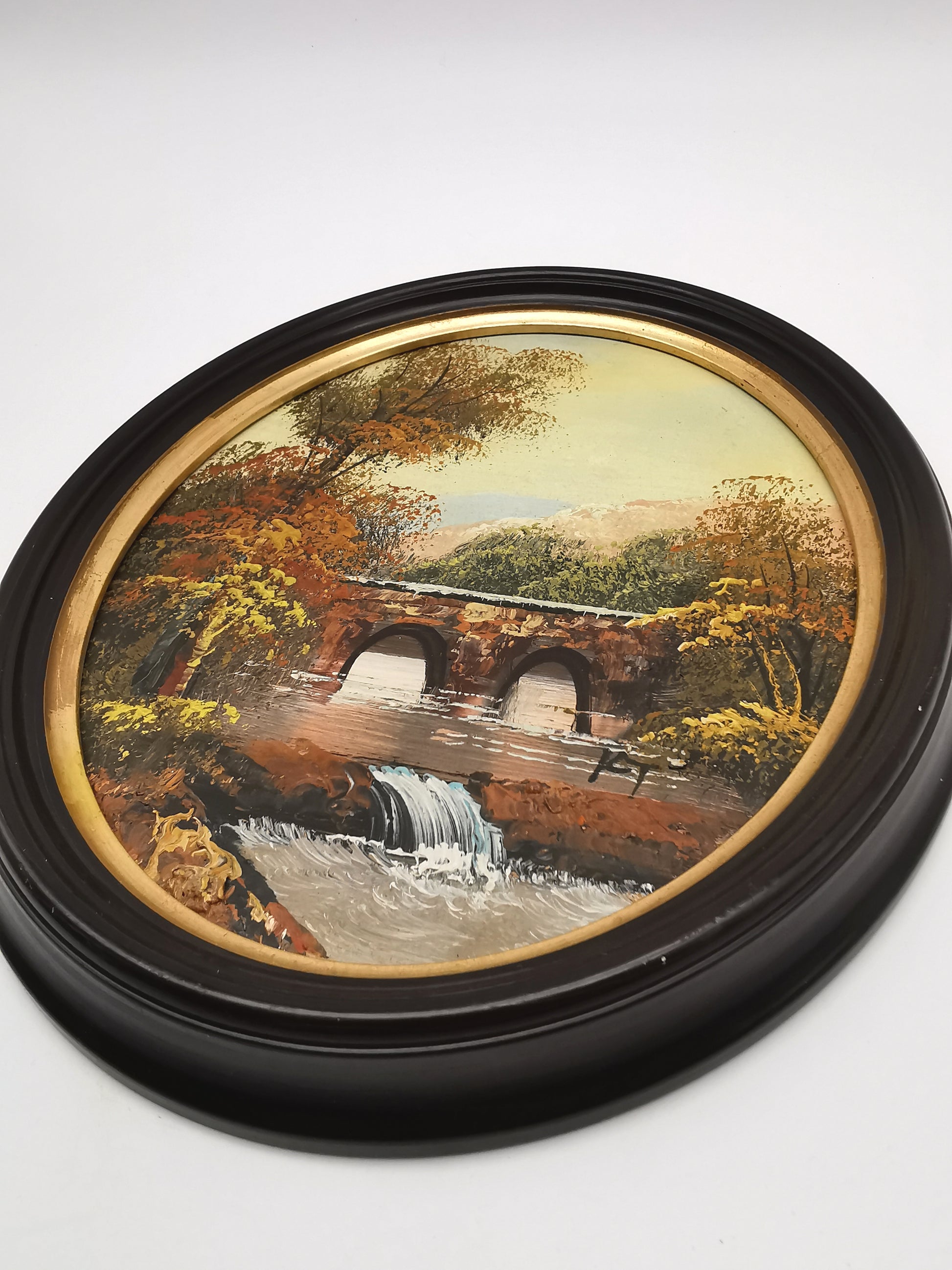 Vintage Oval Landscape Oil Painting – Framed Autumn Stone Bridge Waterfall, Signed KT, 29cm x 24cm