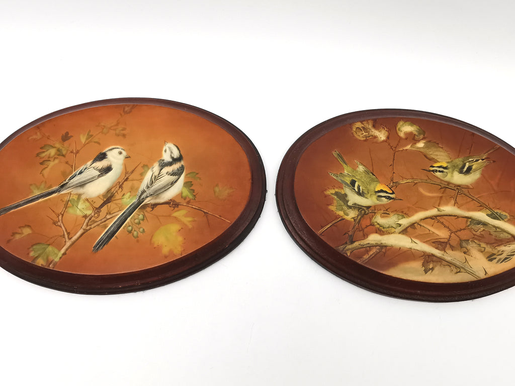 Pair Vintage Basil Ede Bird Oval Wall Plaques – Goldcrests and Long-tailed Tits, 26cm wide