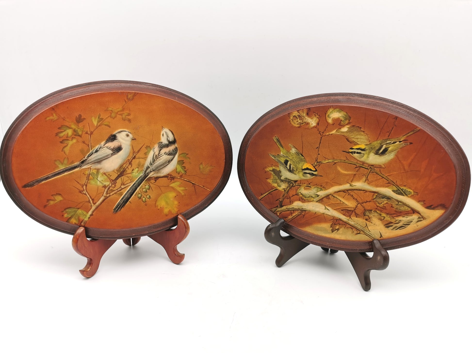 Pair Vintage Basil Ede Bird Oval Wall Plaques – Goldcrests and Long-tailed Tits, 26cm wide