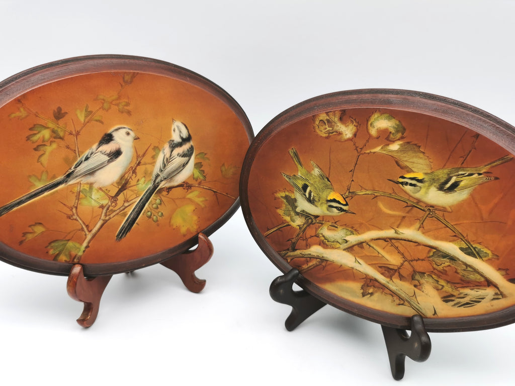 Pair Vintage Basil Ede Bird Oval Wall Plaques – Goldcrests and Long-tailed Tits, 26cm wide