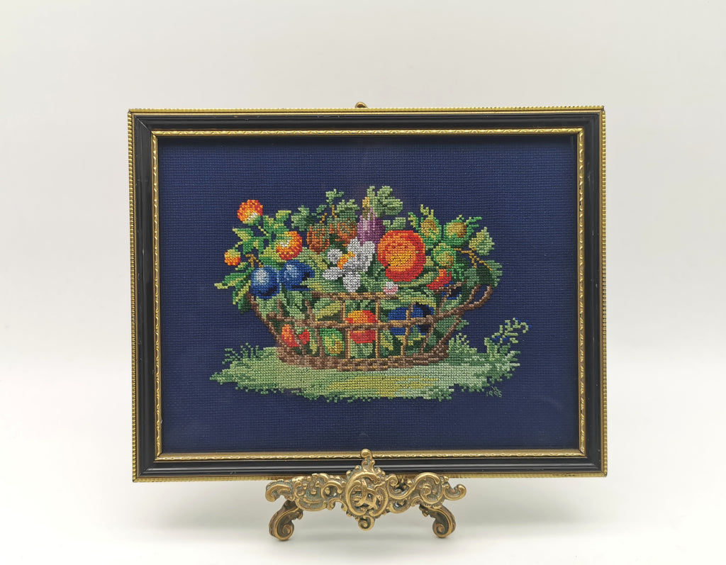 Vintage Framed Fruit Basket Needlepoint Wall Art - Navy Blue Cross Stitch Still Life