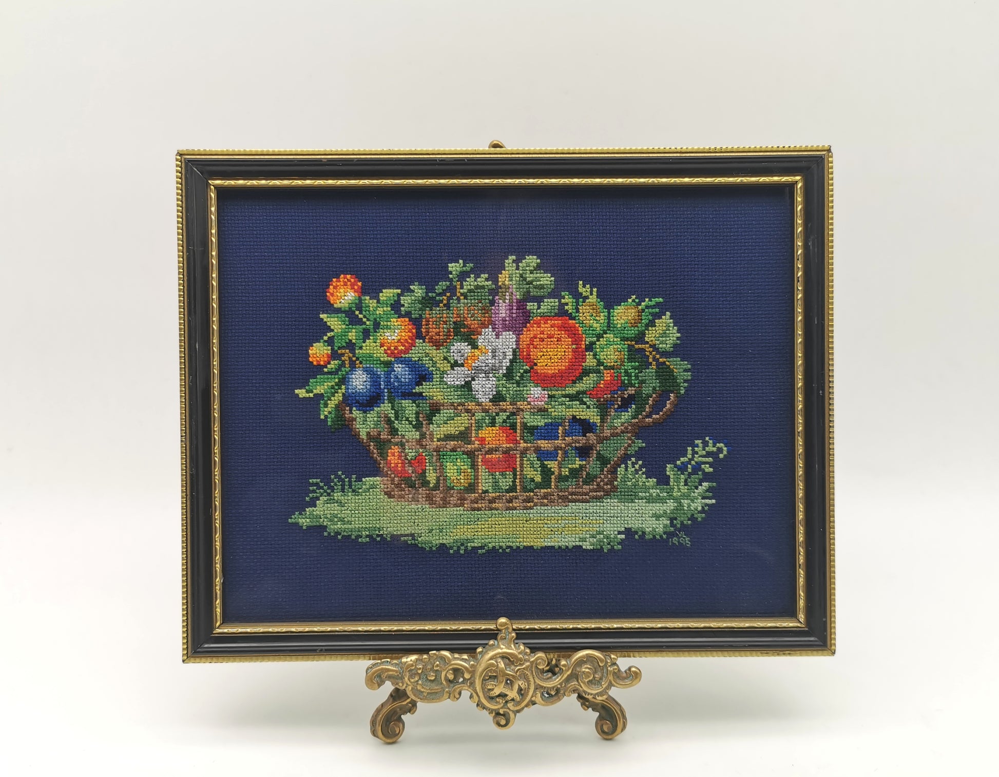 Vintage Framed Fruit Basket Needlepoint Wall Art - Navy Blue Cross Stitch Still Life