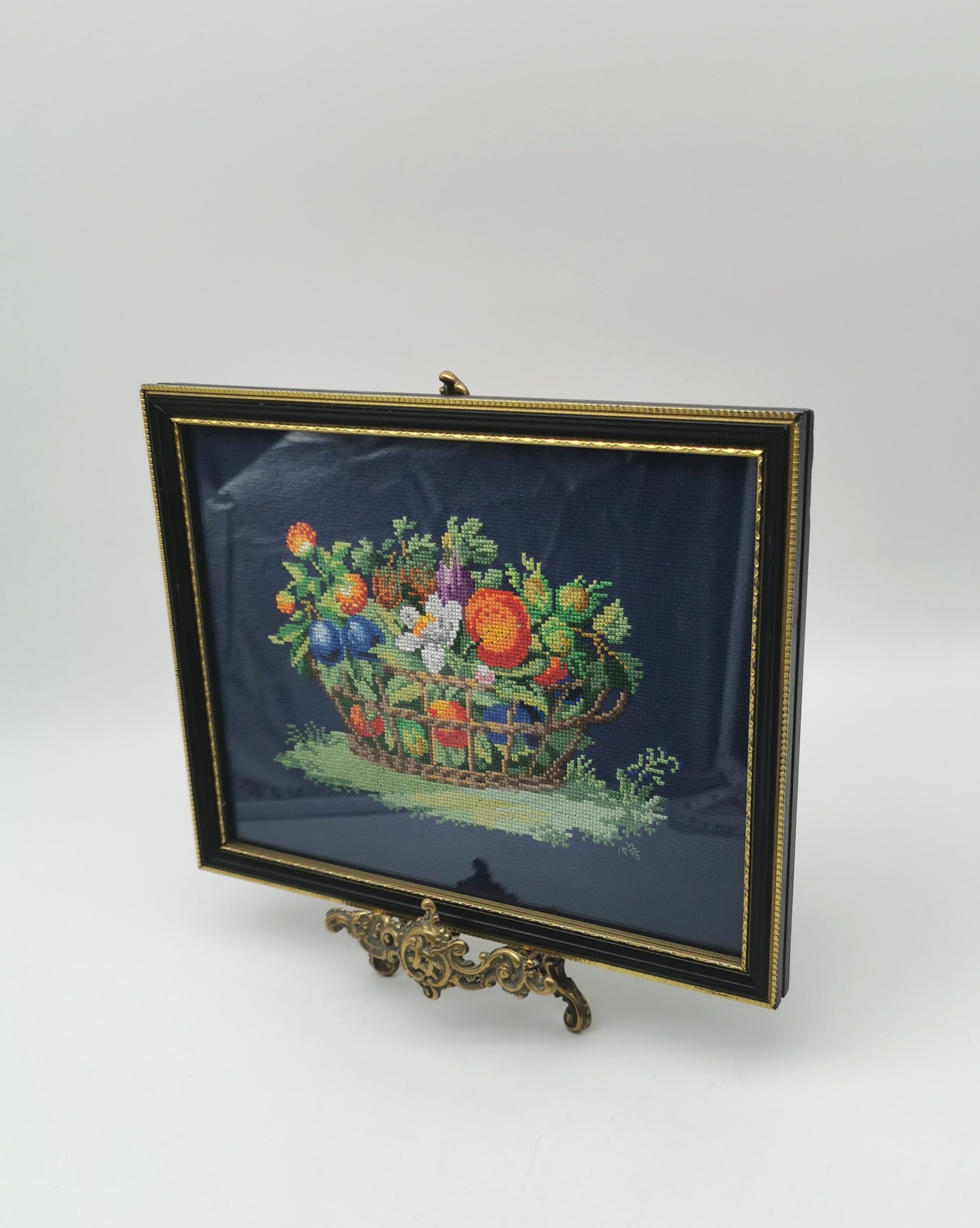 Vintage Framed Fruit Basket Needlepoint Wall Art - Navy Blue Cross Stitch Still Life