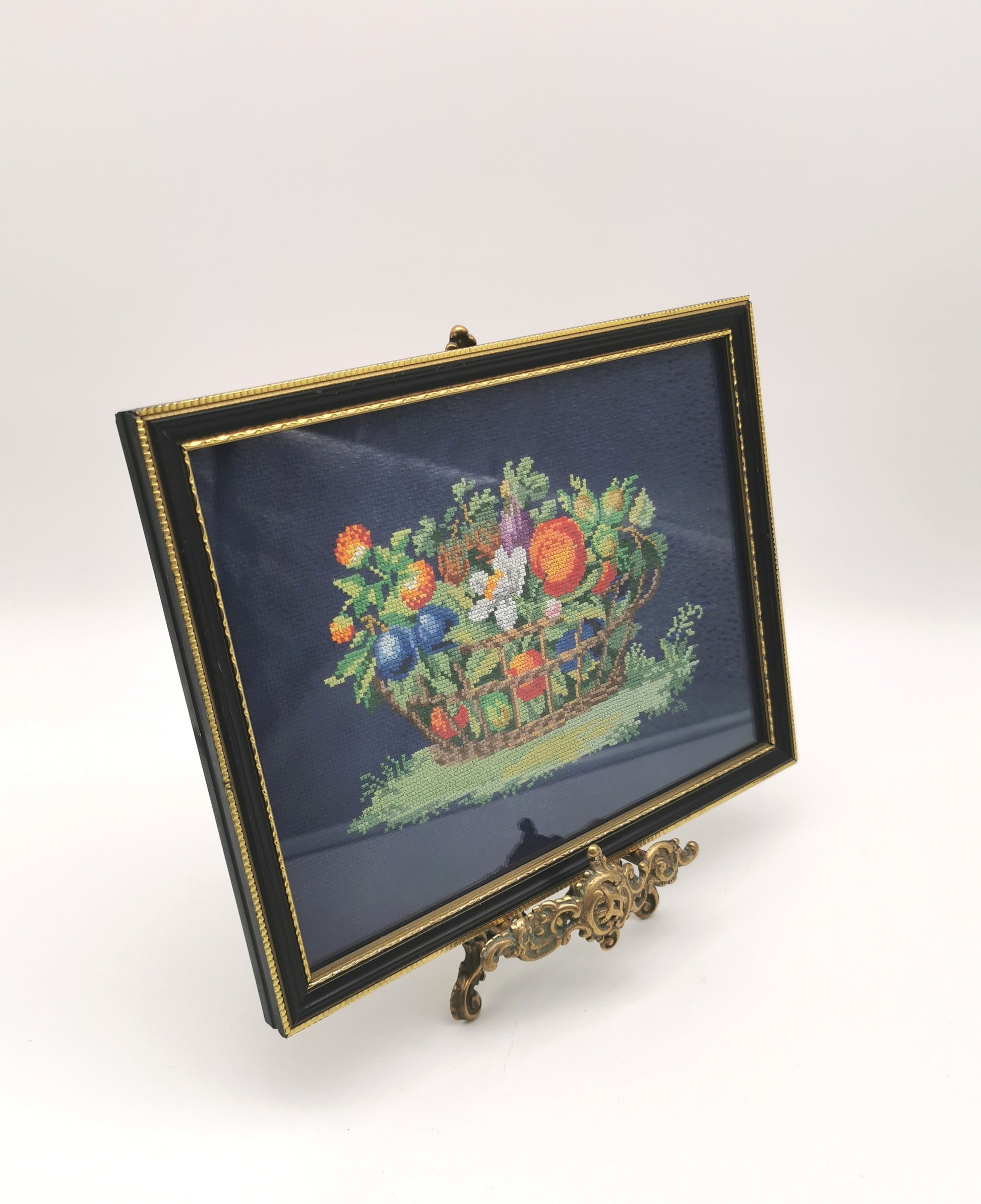 Vintage Framed Fruit Basket Needlepoint Wall Art - Navy Blue Cross Stitch Still Life