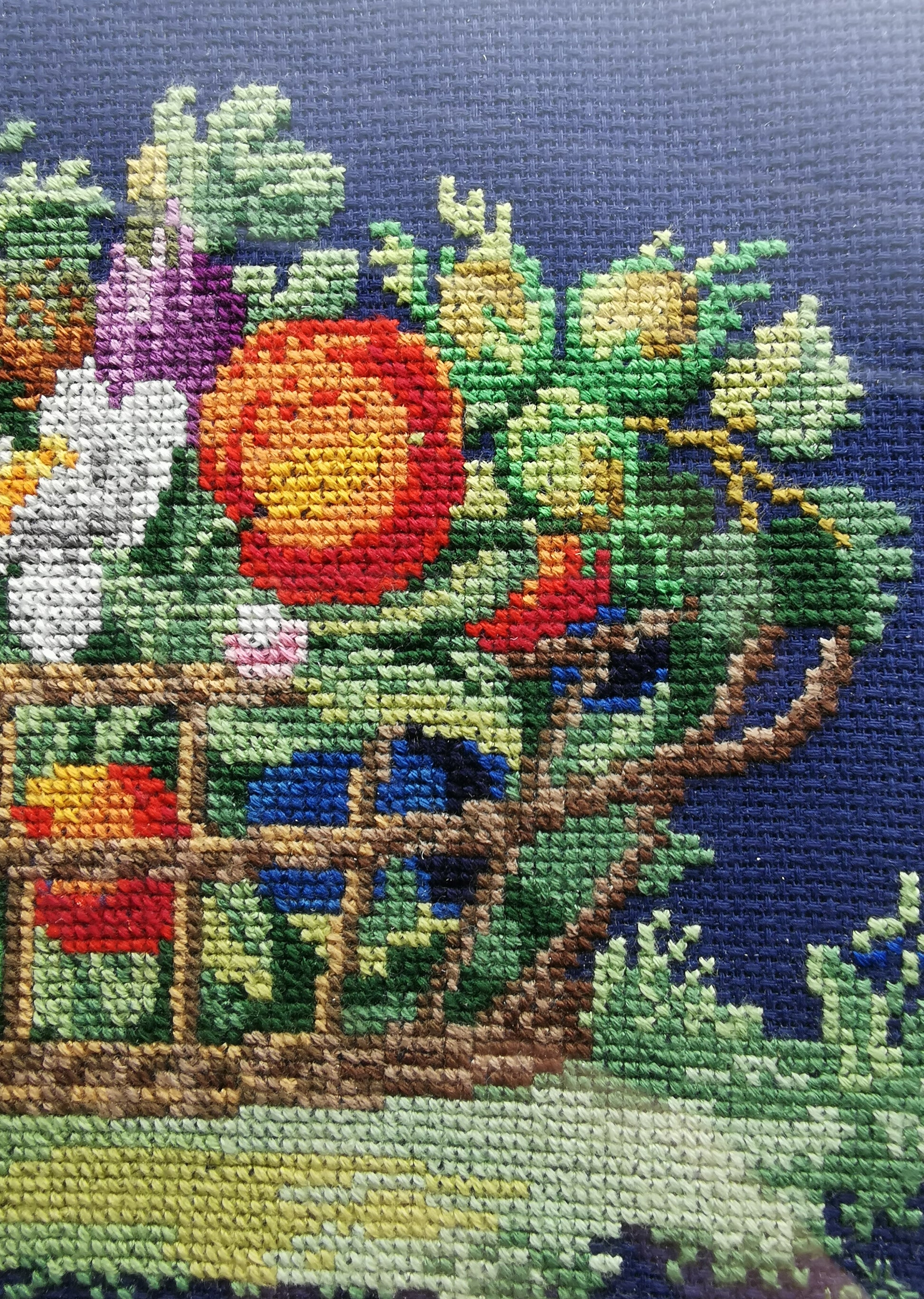 Vintage Framed Fruit Basket Needlepoint Wall Art - Navy Blue Cross Stitch Still Life
