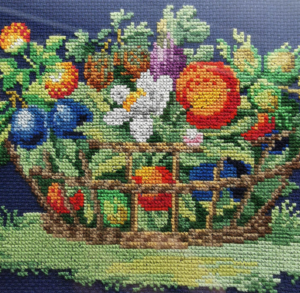 Vintage Framed Fruit Basket Needlepoint Wall Art - Navy Blue Cross Stitch Still Life