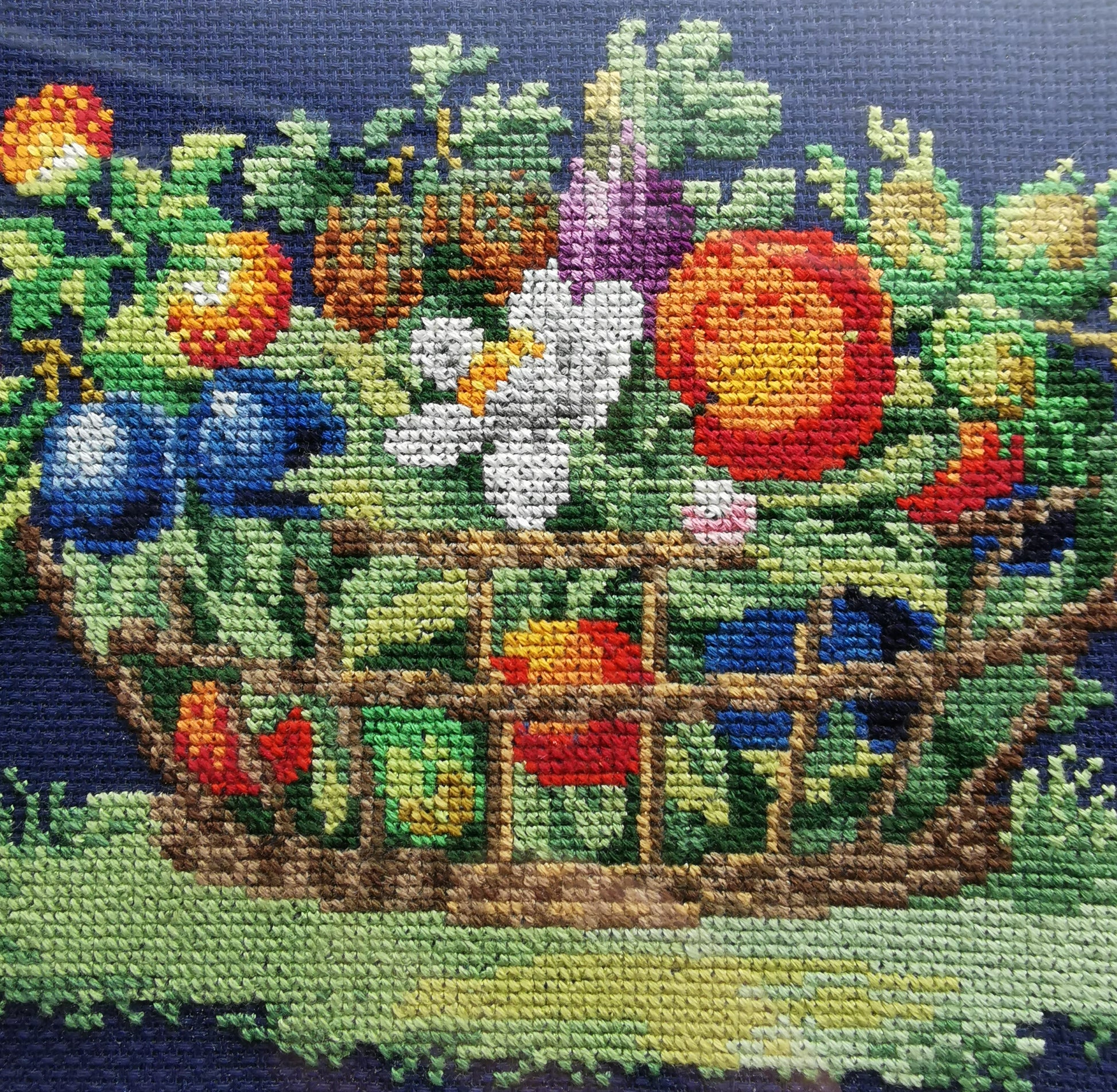 Vintage Framed Fruit Basket Needlepoint Wall Art - Navy Blue Cross Stitch Still Life