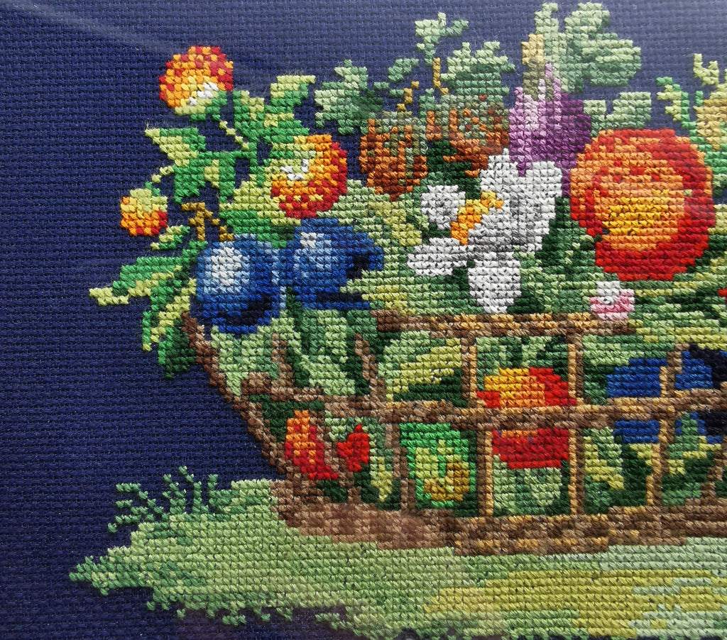Vintage Framed Fruit Basket Needlepoint Wall Art - Navy Blue Cross Stitch Still Life