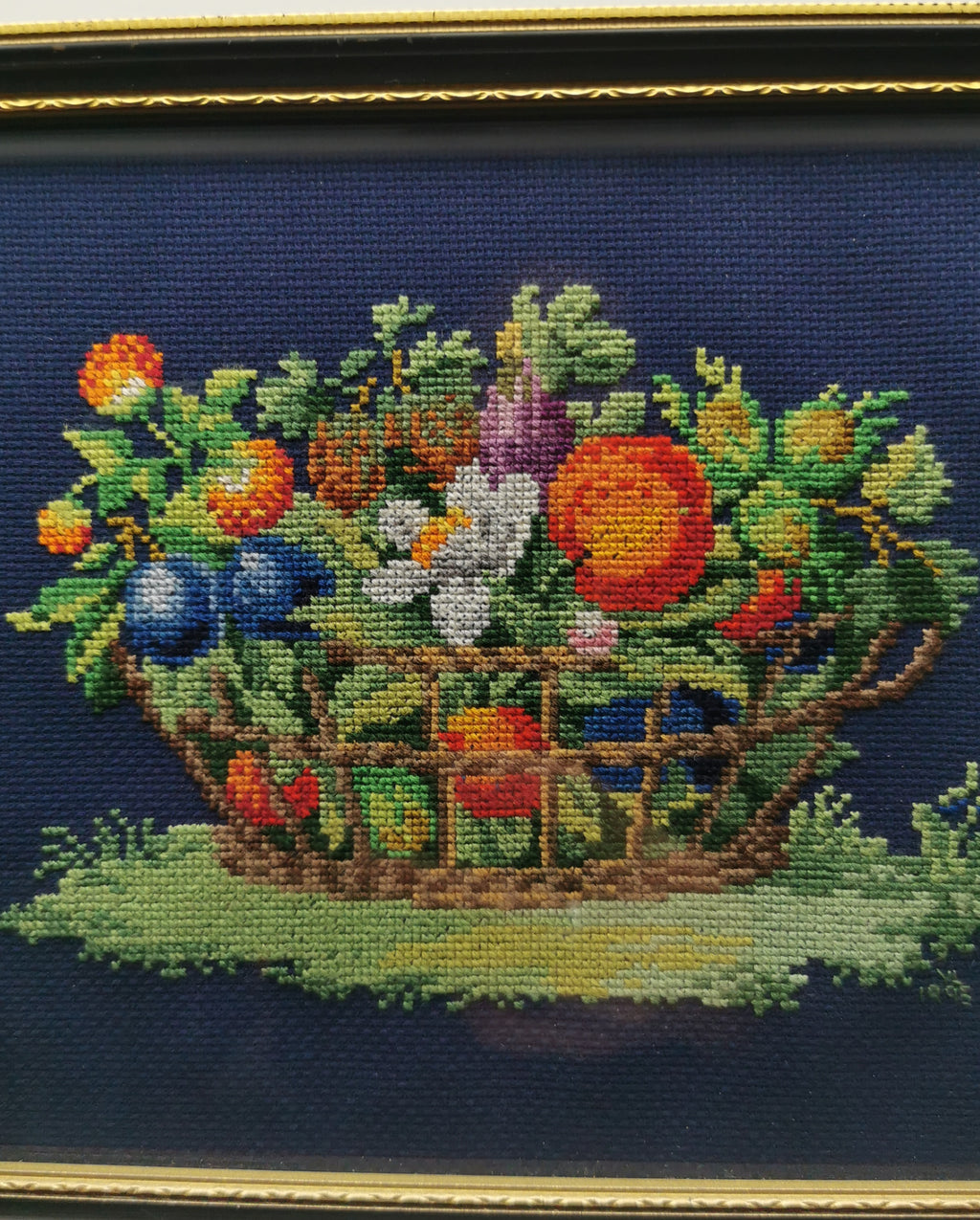 Vintage Framed Fruit Basket Needlepoint Wall Art - Navy Blue Cross Stitch Still Life