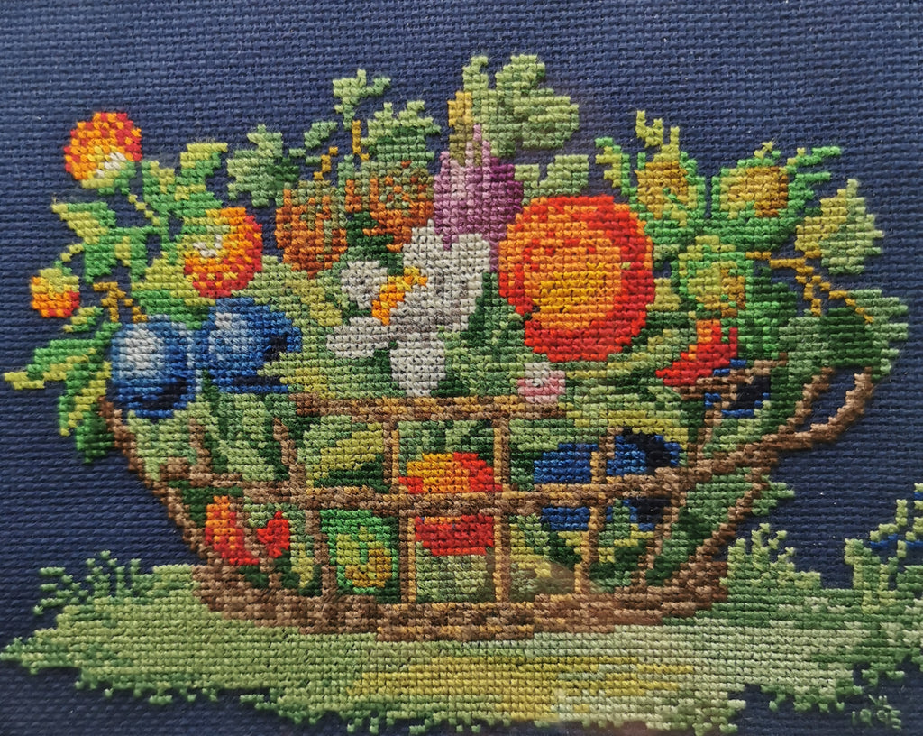 Vintage Framed Fruit Basket Needlepoint Wall Art - Navy Blue Cross Stitch Still Life