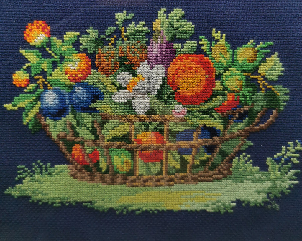 Vintage Framed Fruit Basket Needlepoint Wall Art - Navy Blue Cross Stitch Still Life