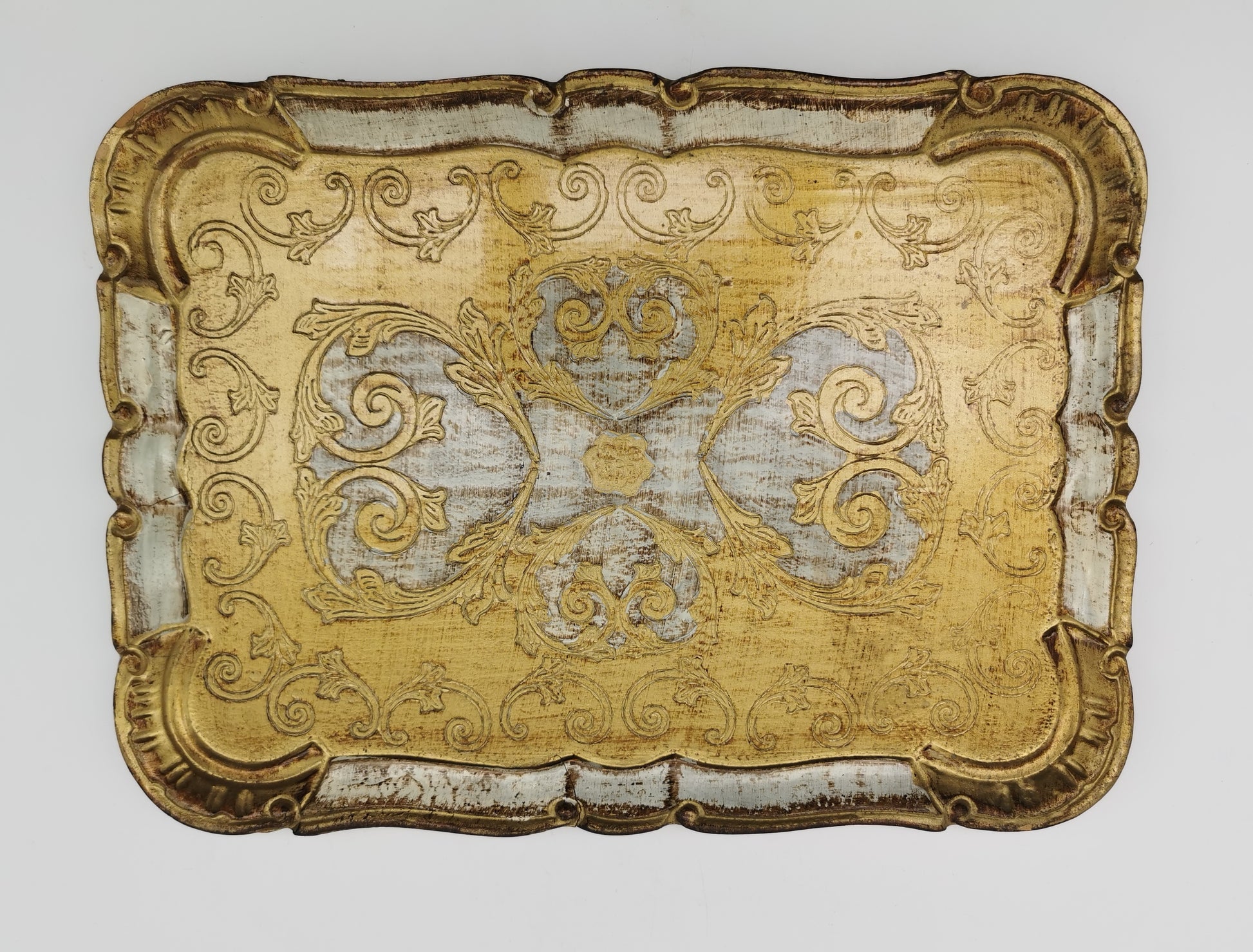 Vintage Italian Florentine Gilded Serving Tray – Ornate Gold & Cream Scrollwork, Mid-Century