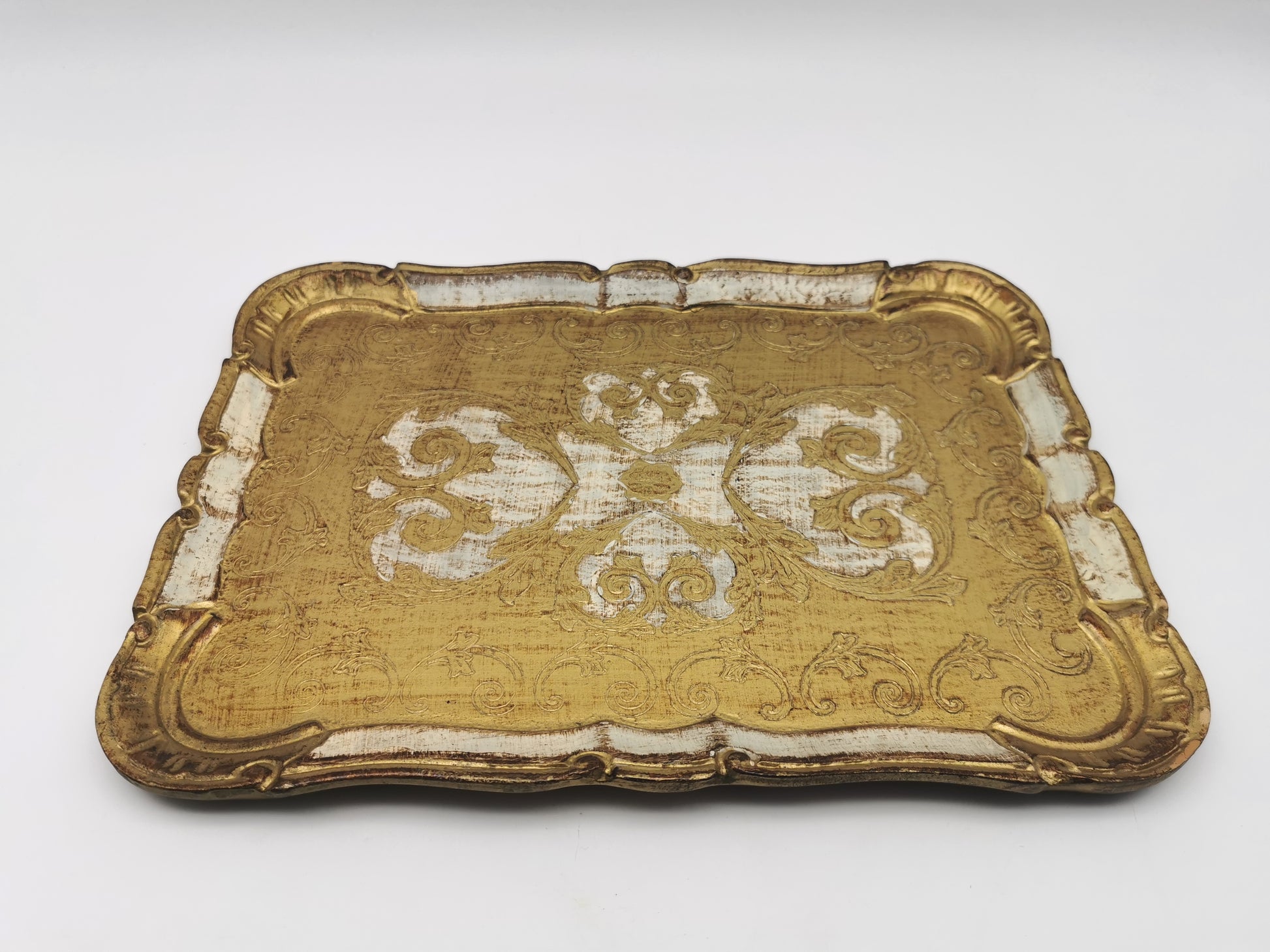 Vintage Italian Florentine Gilded Serving Tray – Ornate Gold & Cream Scrollwork, Mid-Century