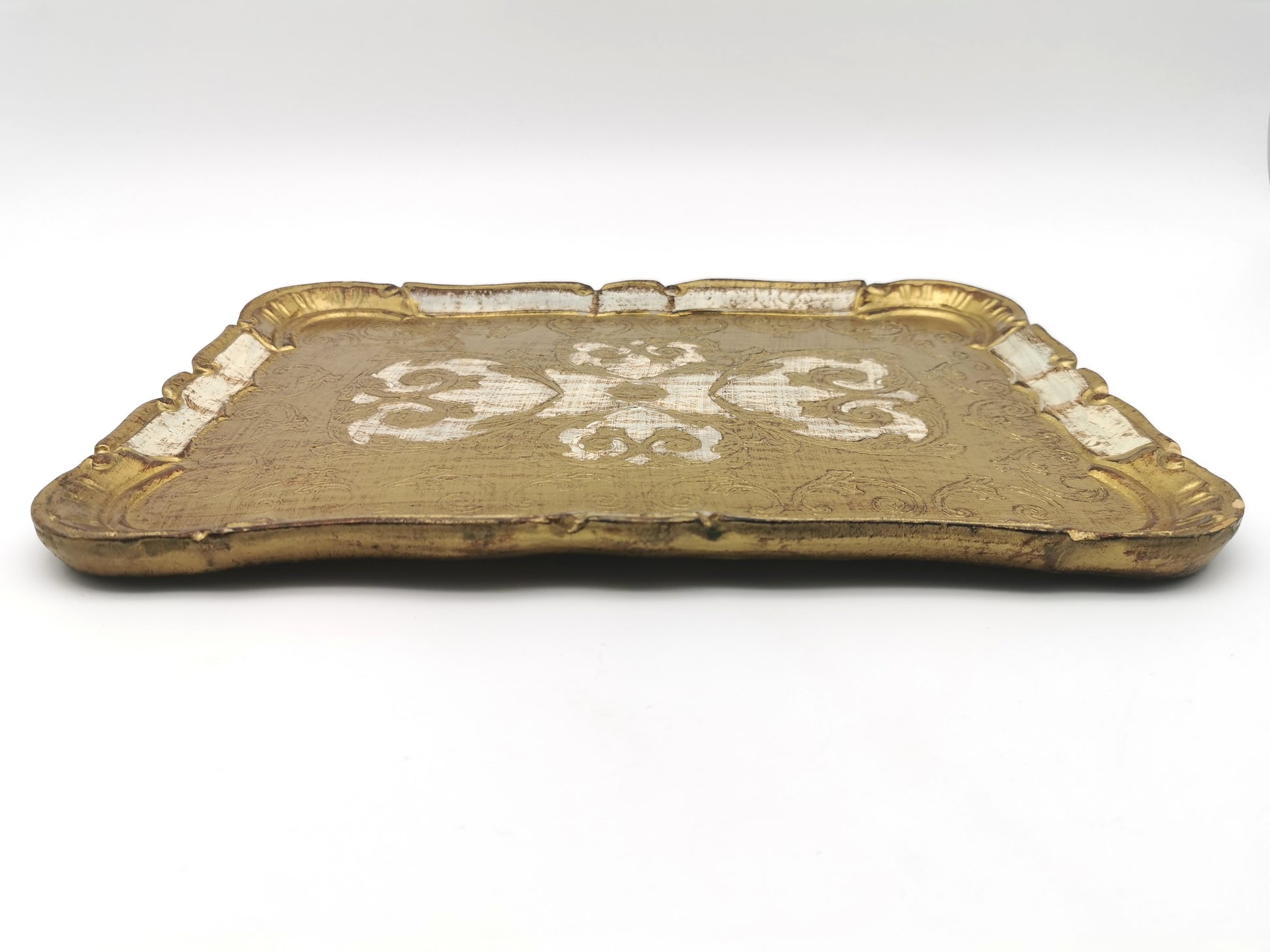 Vintage Italian Florentine Gilded Serving Tray – Ornate Gold & Cream Scrollwork, Mid-Century