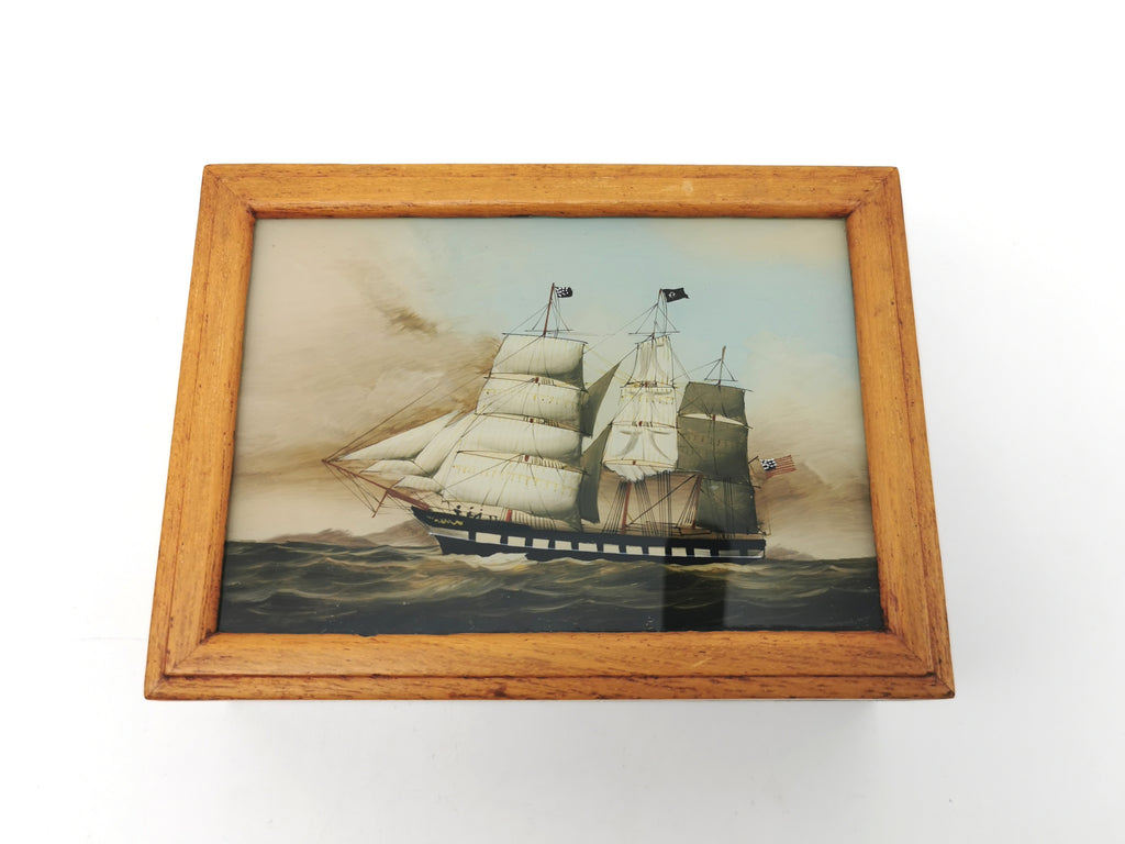 Vintage Nautical Reverse Glass Painted Clipper Ship Playing Card Box