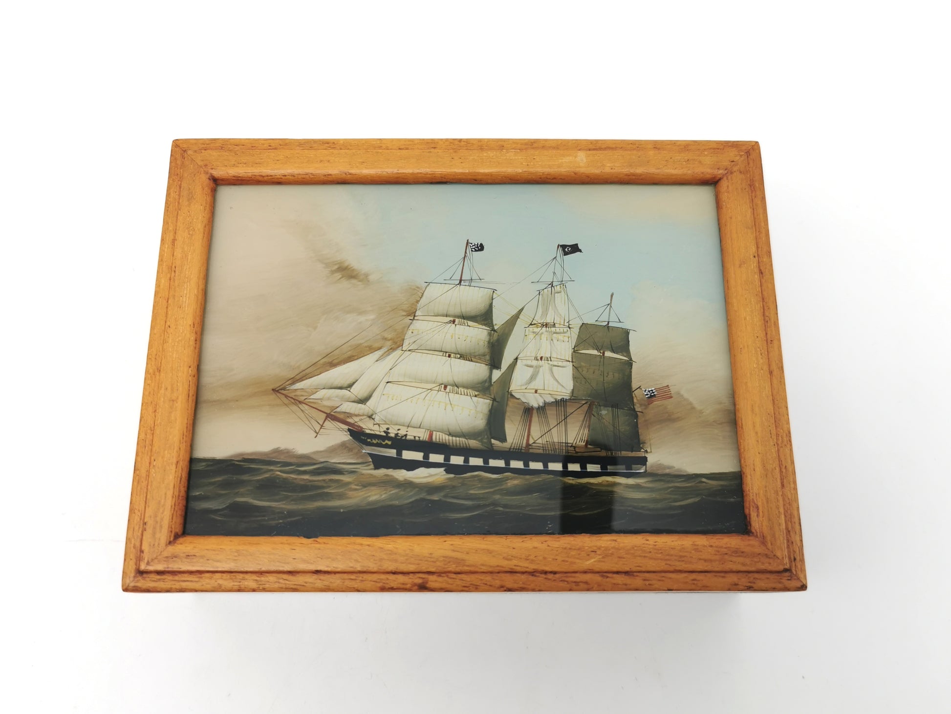 Vintage Nautical Reverse Glass Painted Clipper Ship Playing Card Box