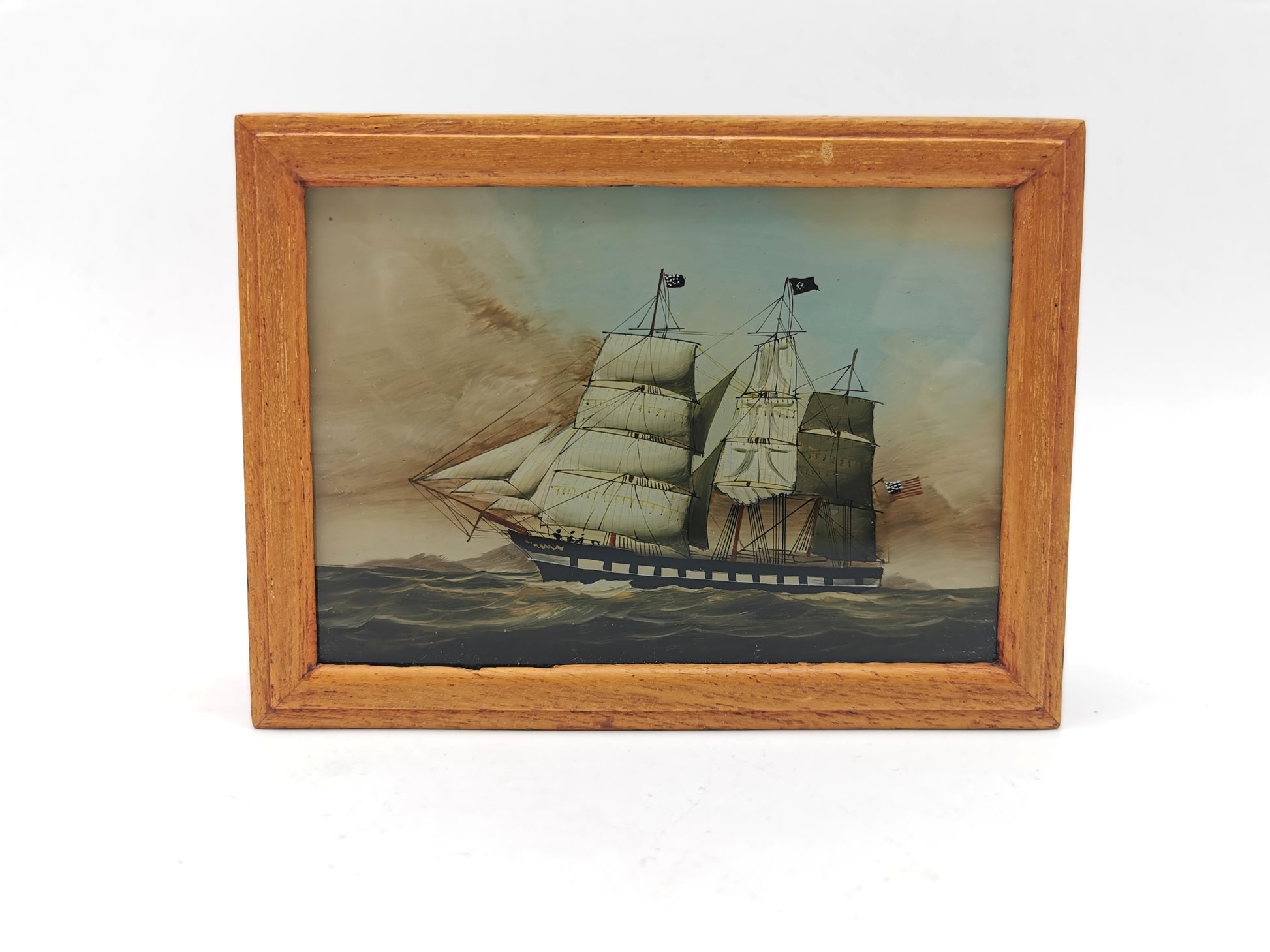 Vintage Nautical Reverse Glass Painted Clipper Ship Playing Card Box