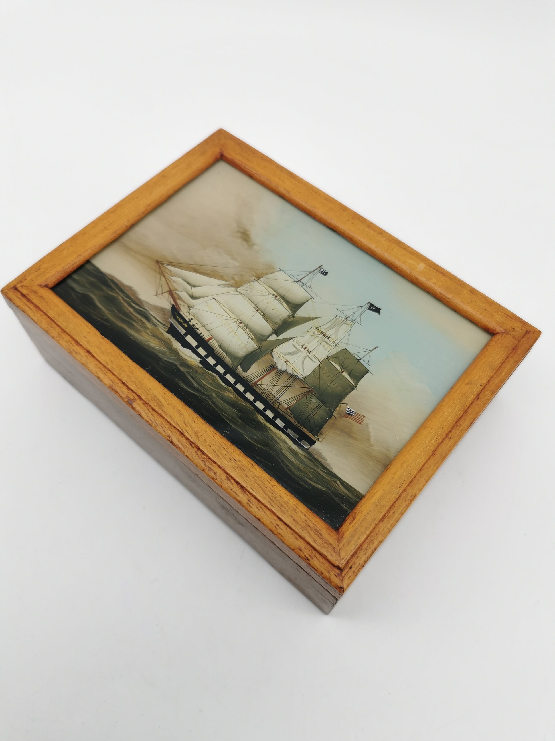 Vintage Nautical Reverse Glass Painted Clipper Ship Playing Card Box