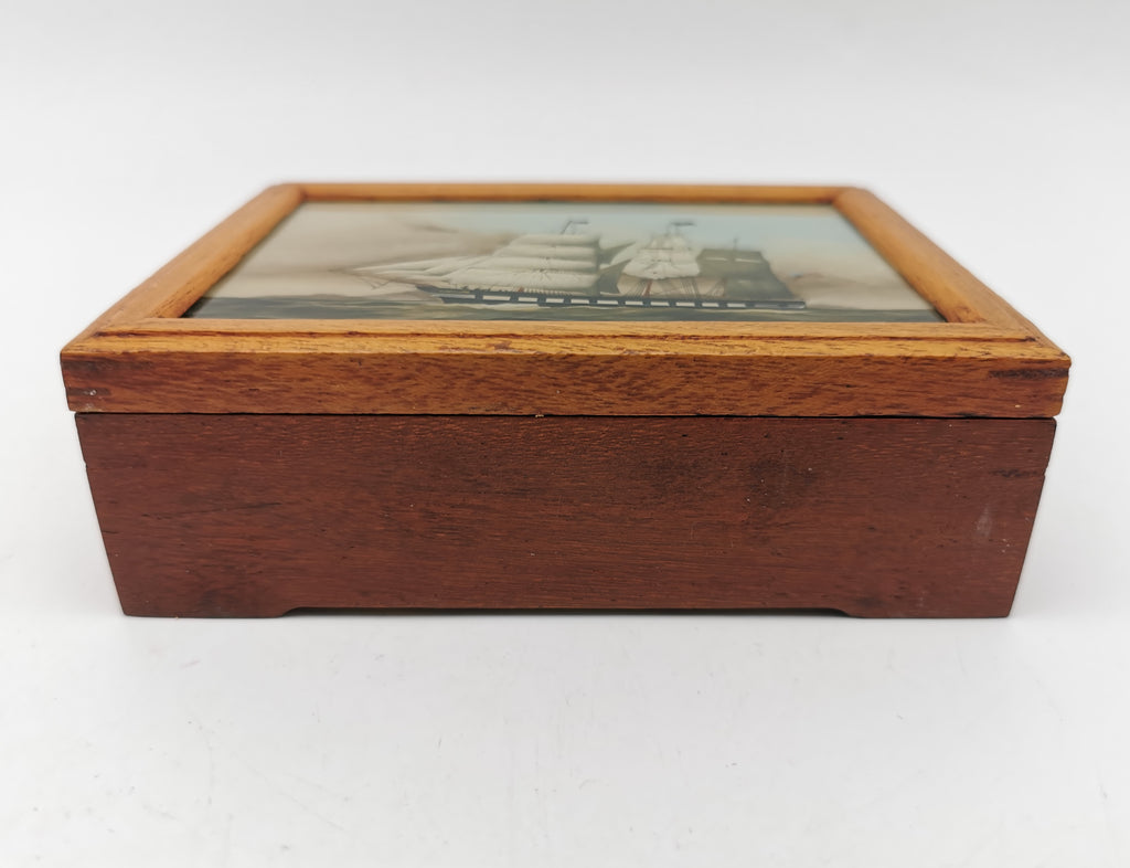 Vintage Nautical Reverse Glass Painted Clipper Ship Playing Card Box