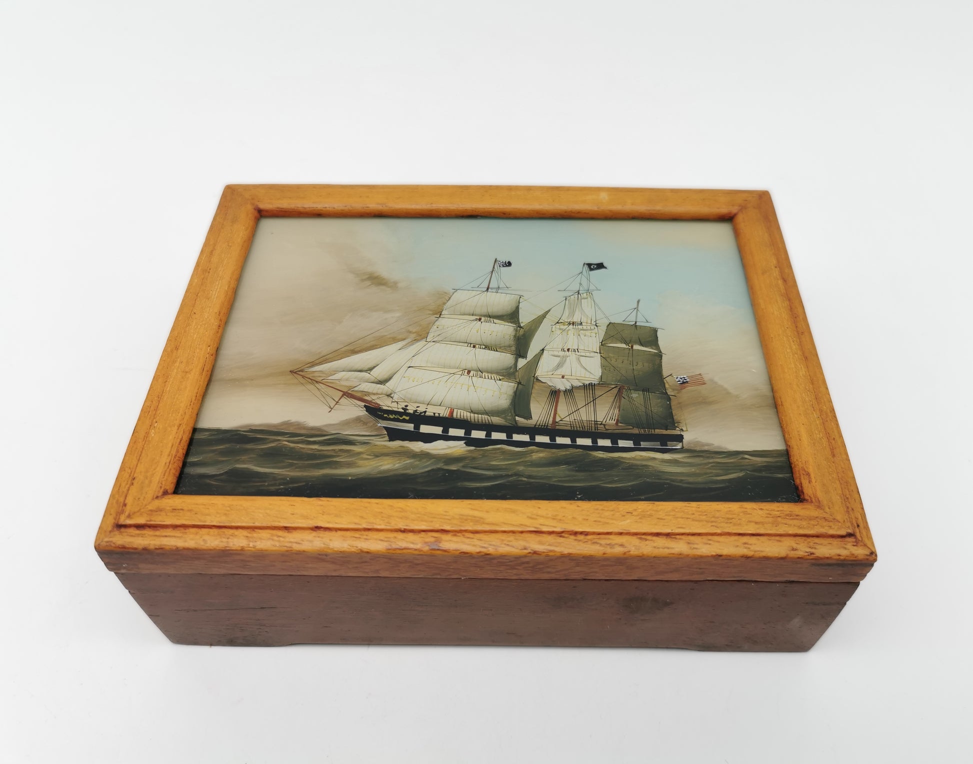 Vintage Nautical Reverse Glass Painted Clipper Ship Playing Card Box