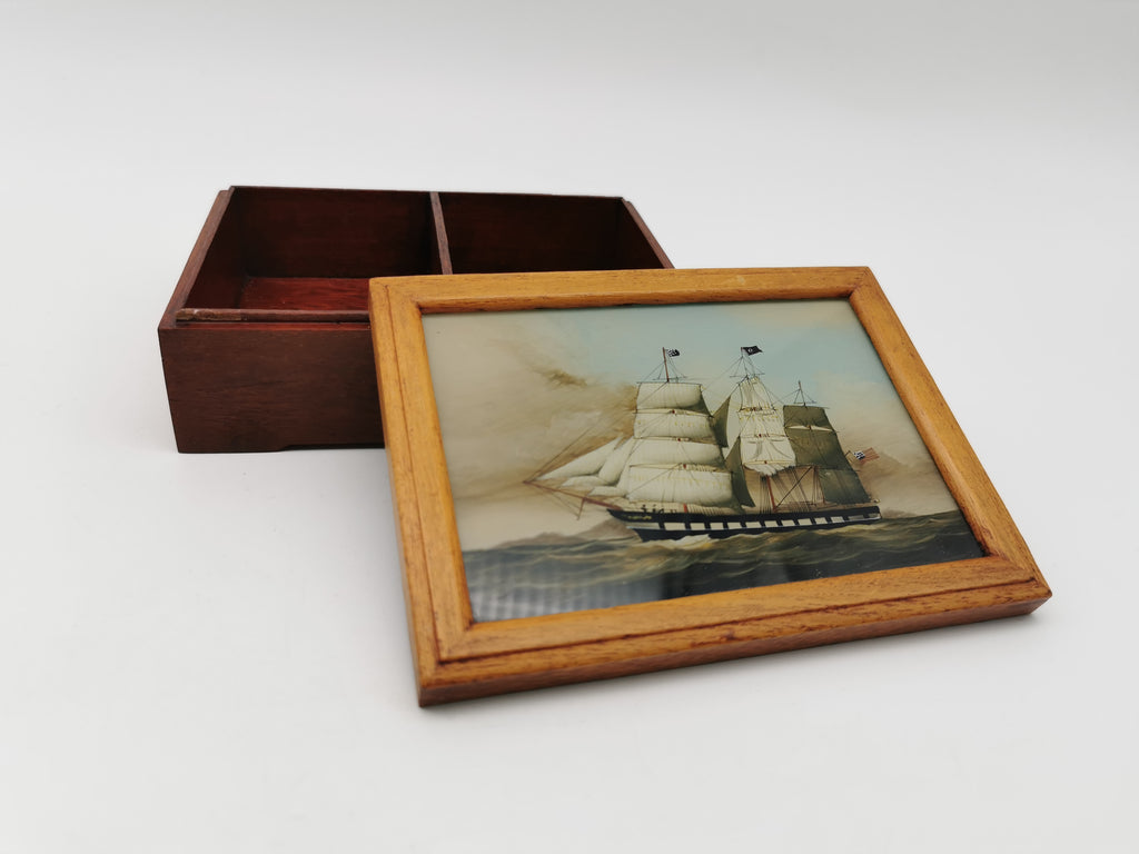 Vintage Nautical Reverse Glass Painted Clipper Ship Playing Card Box
