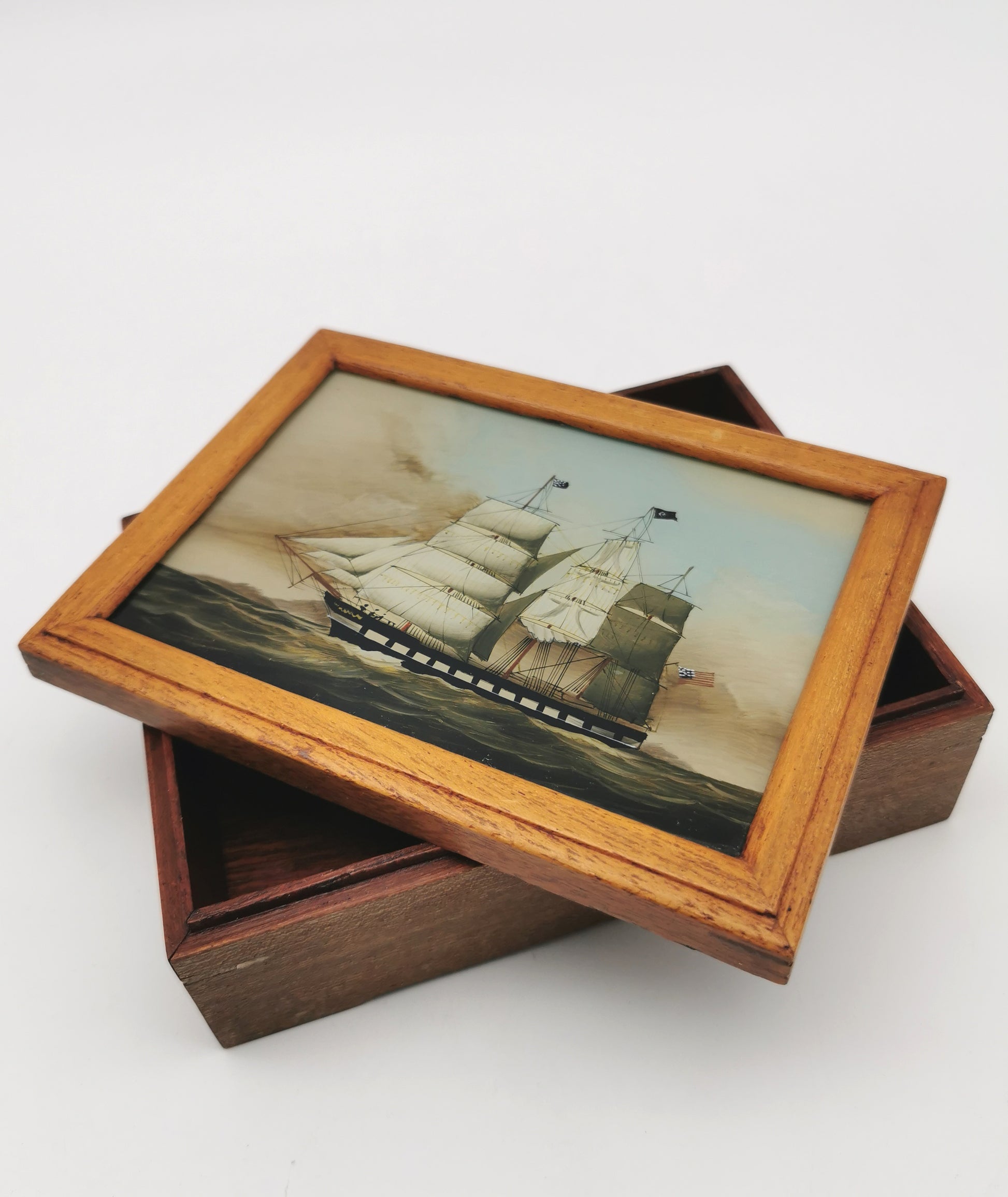 Vintage Nautical Reverse Glass Painted Clipper Ship Playing Card Box