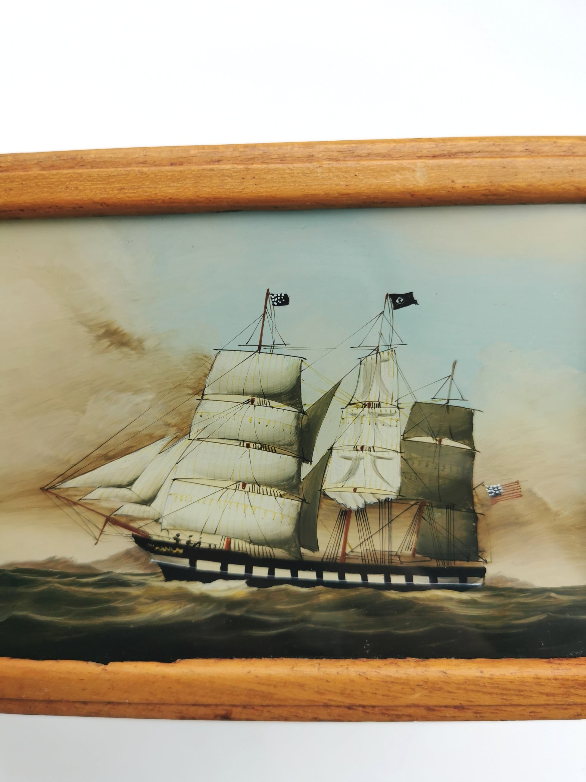 Vintage Nautical Reverse Glass Painted Clipper Ship Playing Card Box
