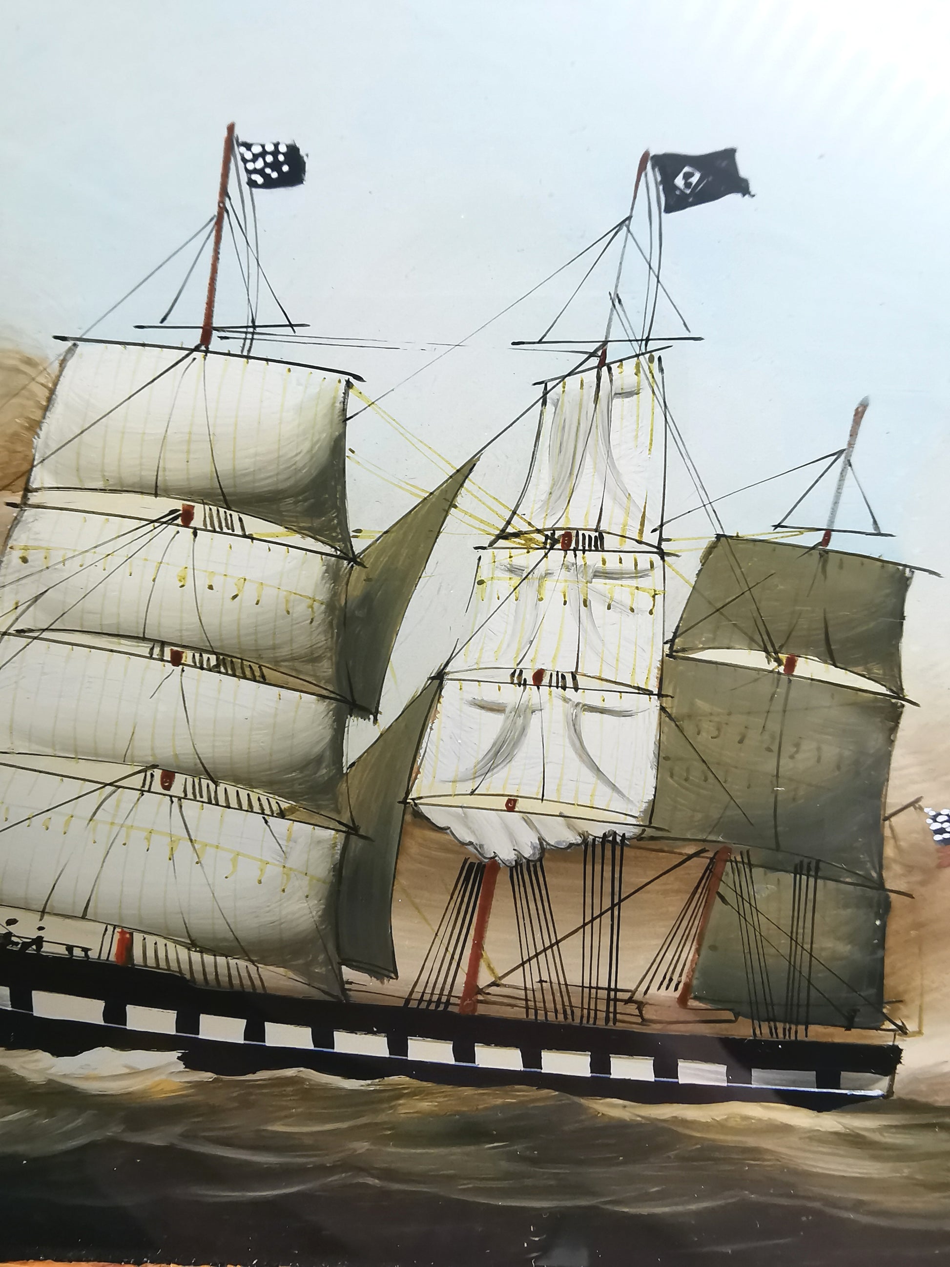 Vintage Nautical Reverse Glass Painted Clipper Ship Playing Card Box