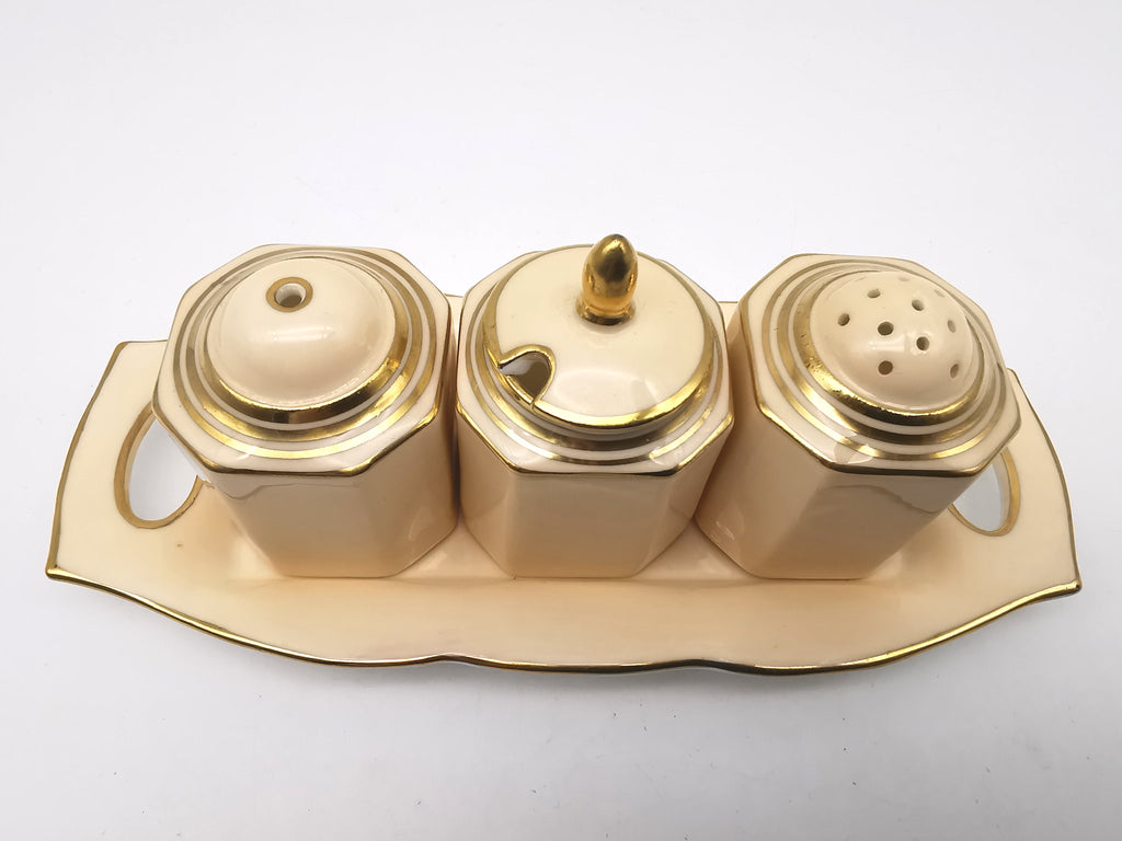 Vintage 1930s Paragon Bone China Cruet Set - Art Deco Peach & Gold Gilt