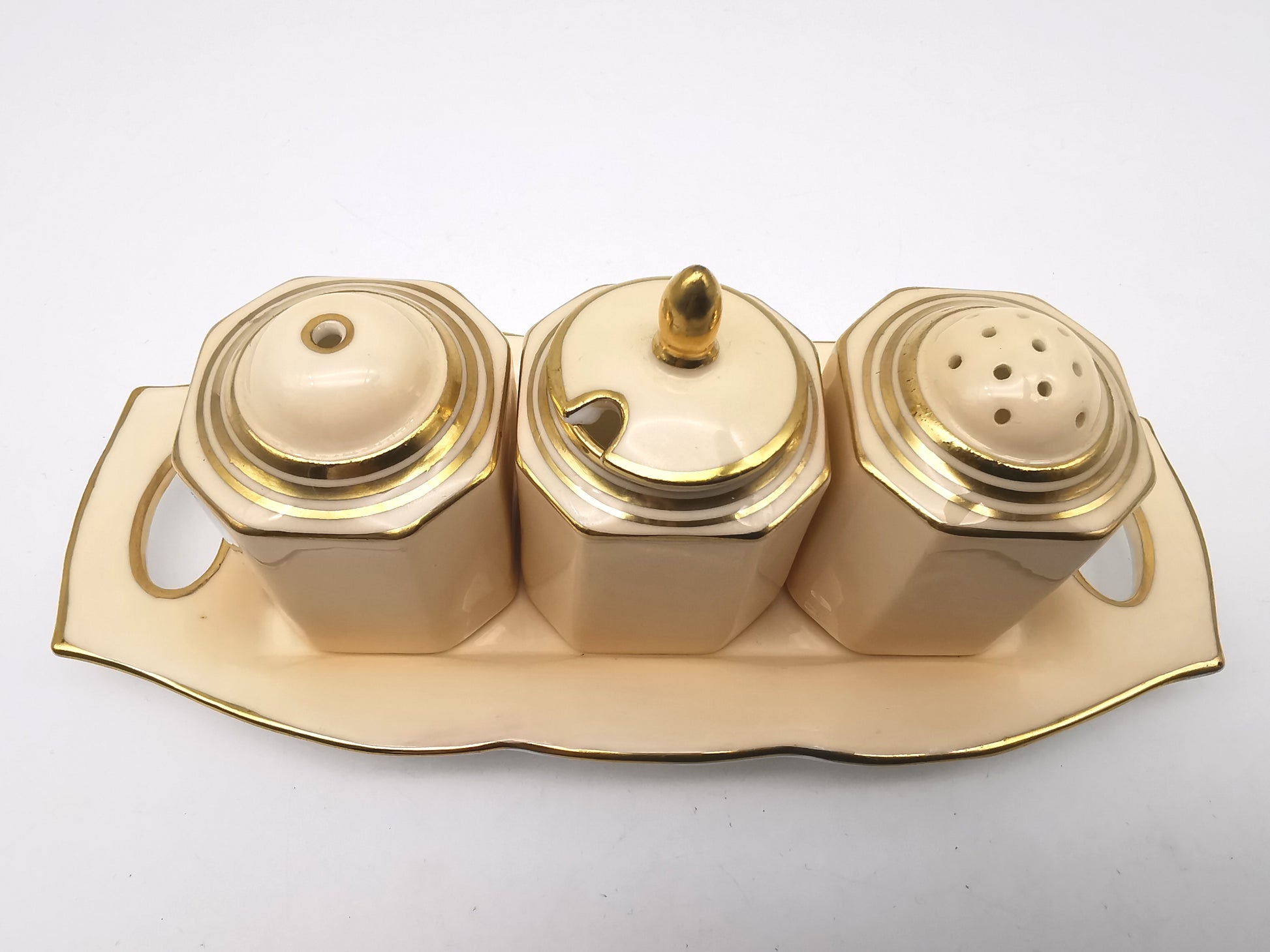 Vintage 1930s Paragon Bone China Cruet Set - Art Deco Peach & Gold Gilt