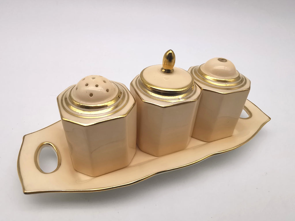 Vintage 1930s Paragon Bone China Cruet Set - Art Deco Peach & Gold Gilt