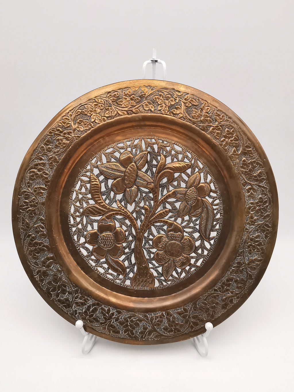 Vintage Hand-Pierced Copper Wall Platter/ Openwork Tree of Life Hanging Plate