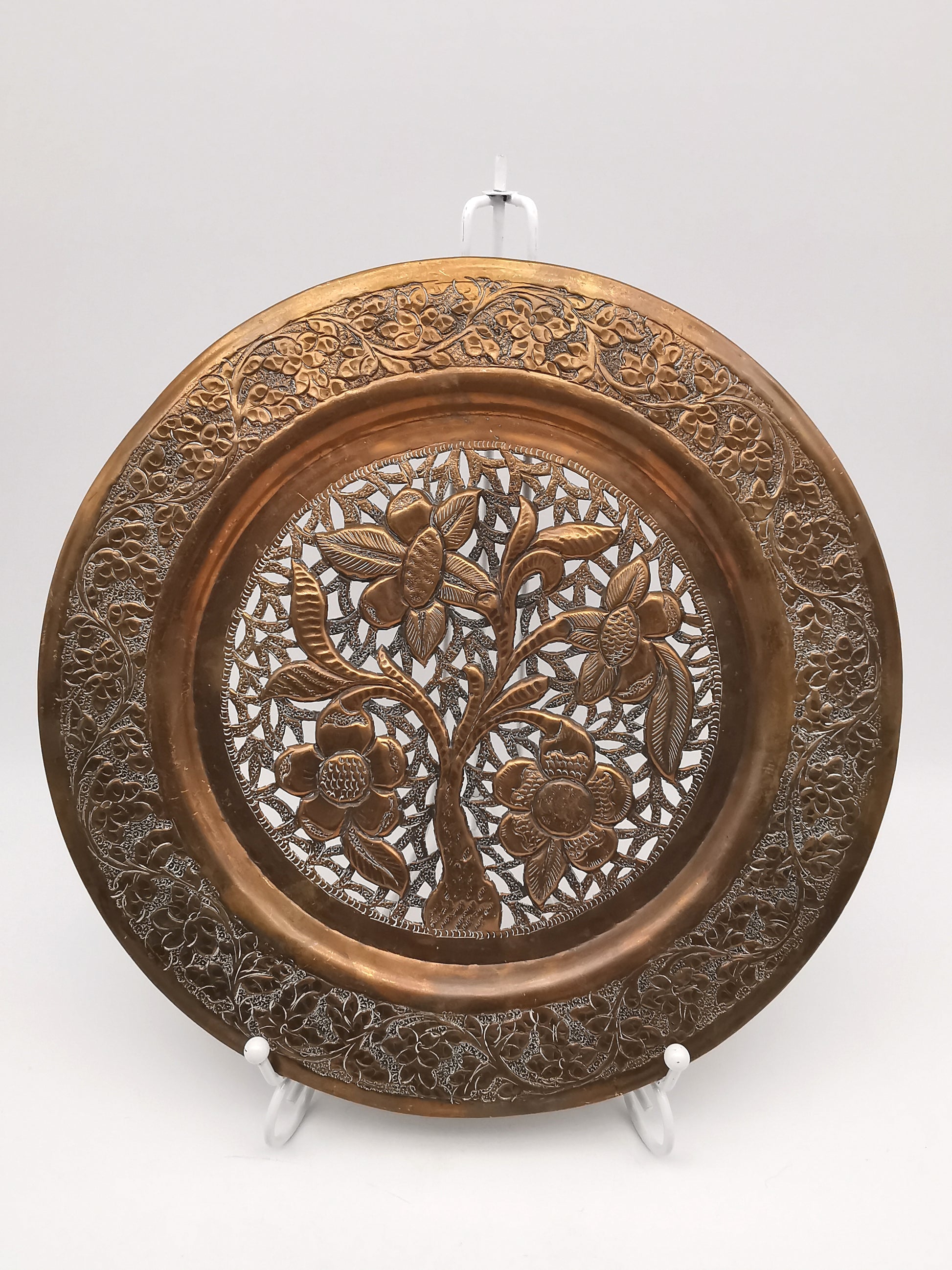 Vintage Hand-Pierced Copper Wall Platter/ Openwork Tree of Life Hanging Plate