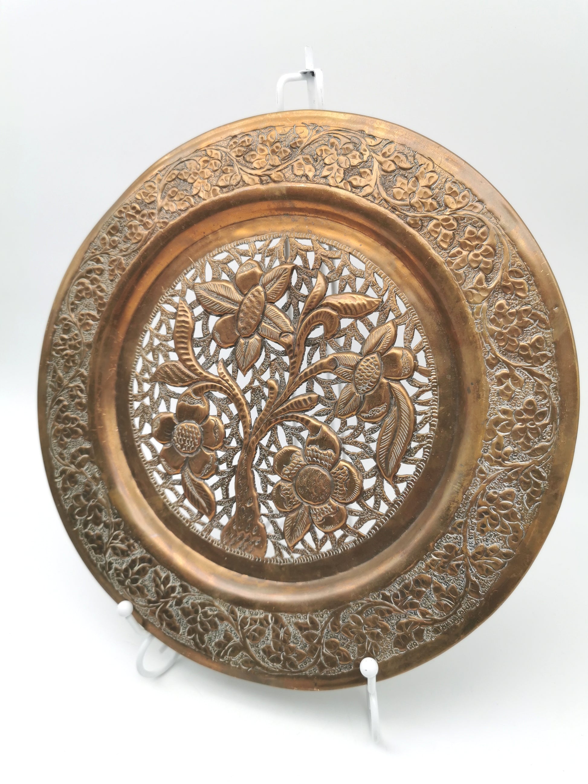 Vintage Hand-Pierced Copper Wall Platter/ Openwork Tree of Life Hanging Plate