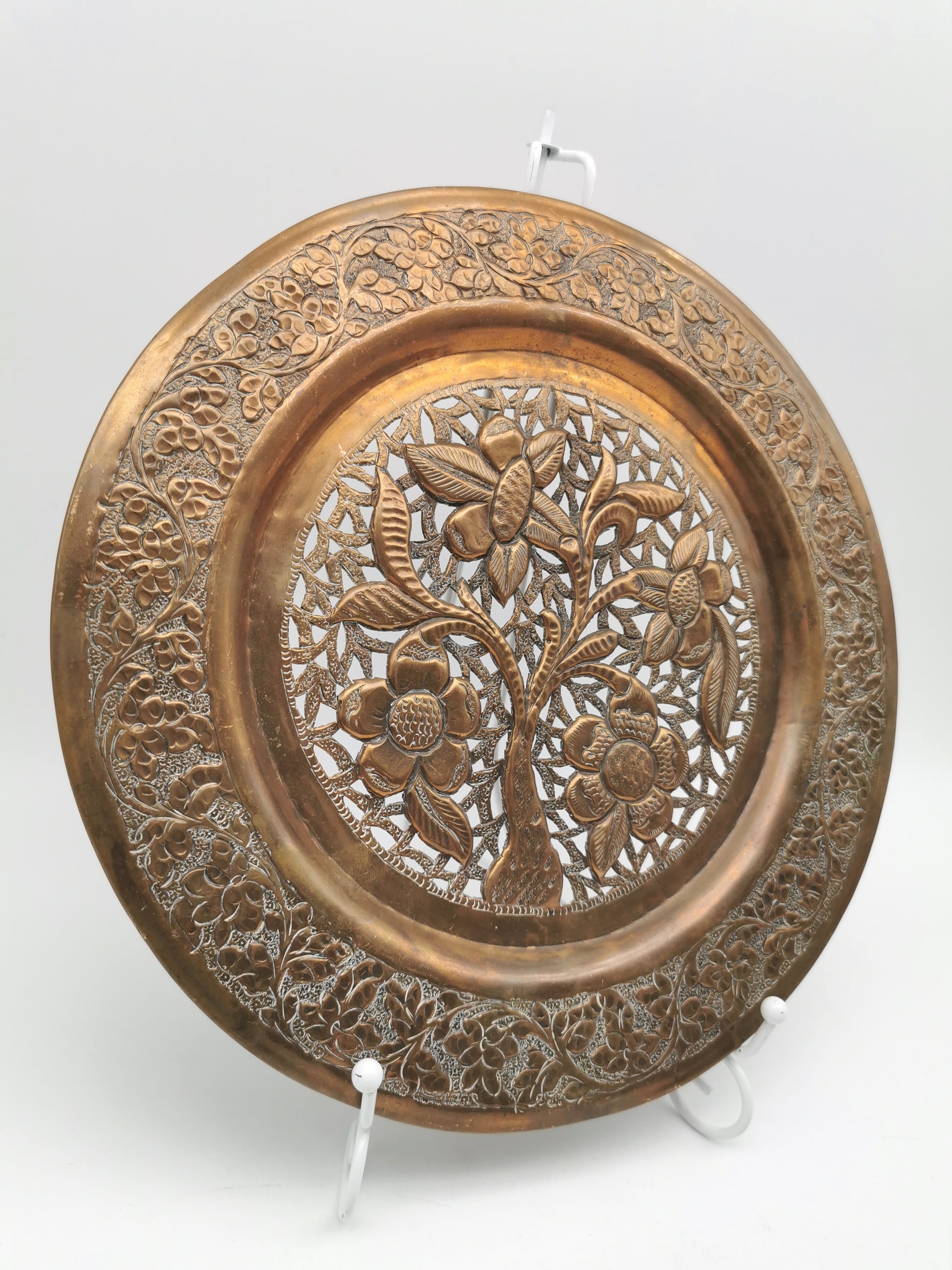 Vintage Hand-Pierced Copper Wall Platter/ Openwork Tree of Life Hanging Plate