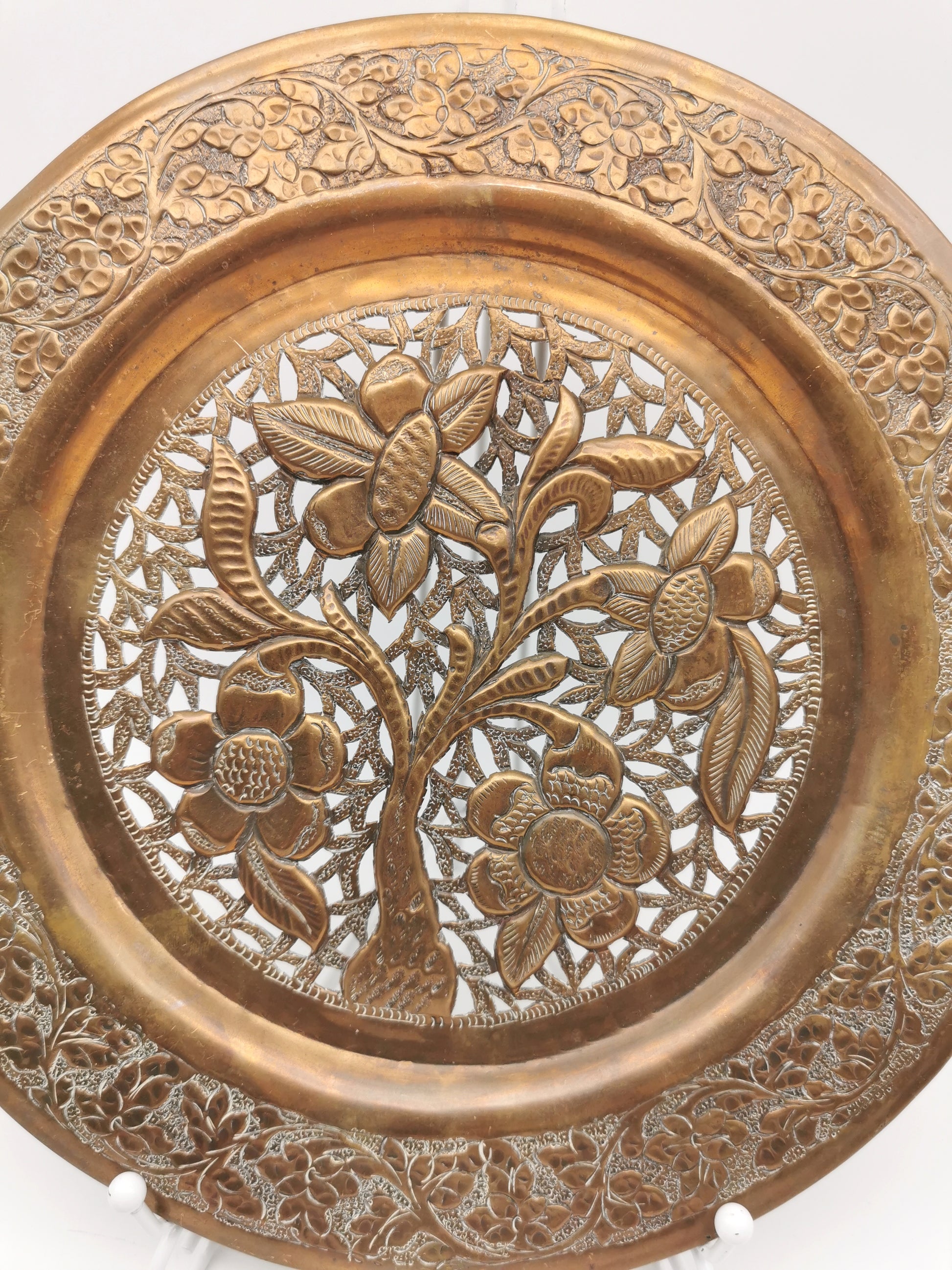 Vintage Hand-Pierced Copper Wall Platter/ Openwork Tree of Life Hanging Plate