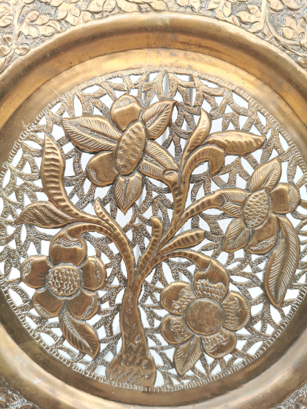 Vintage Hand-Pierced Copper Wall Platter/ Openwork Tree of Life Hanging Plate