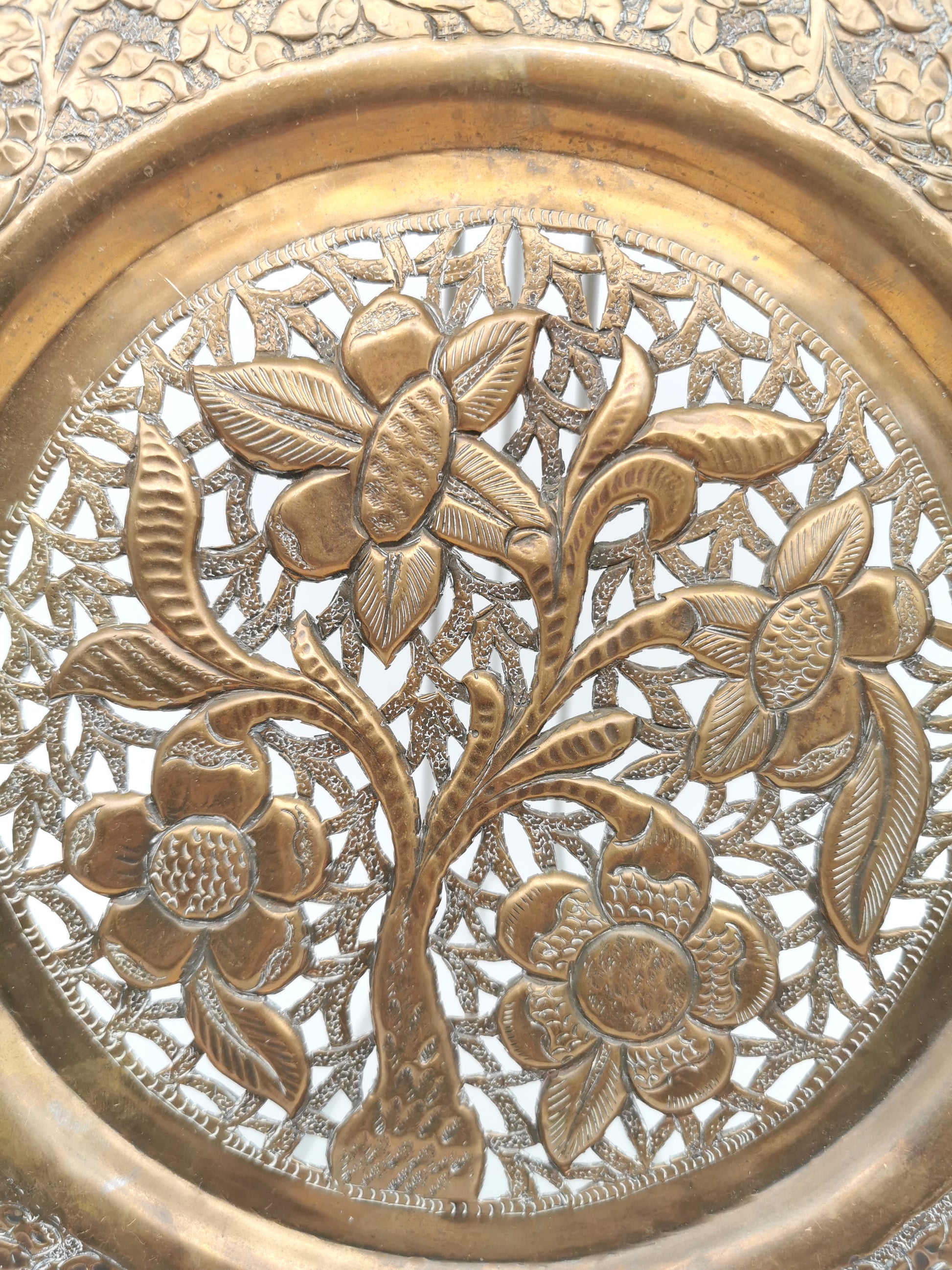 Vintage Hand-Pierced Copper Wall Platter/ Openwork Tree of Life Hanging Plate