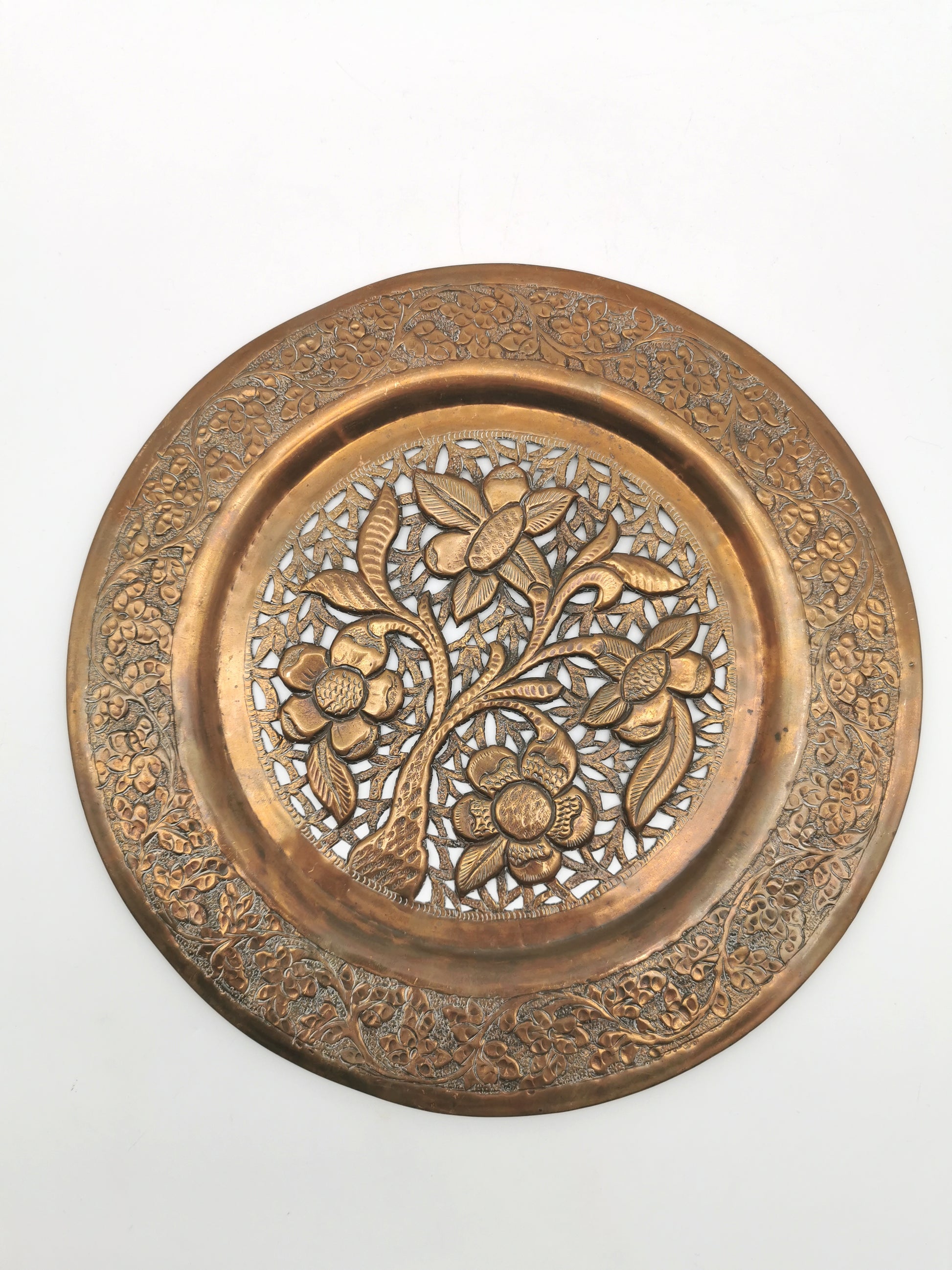 Vintage Hand-Pierced Copper Wall Platter/ Openwork Tree of Life Hanging Plate